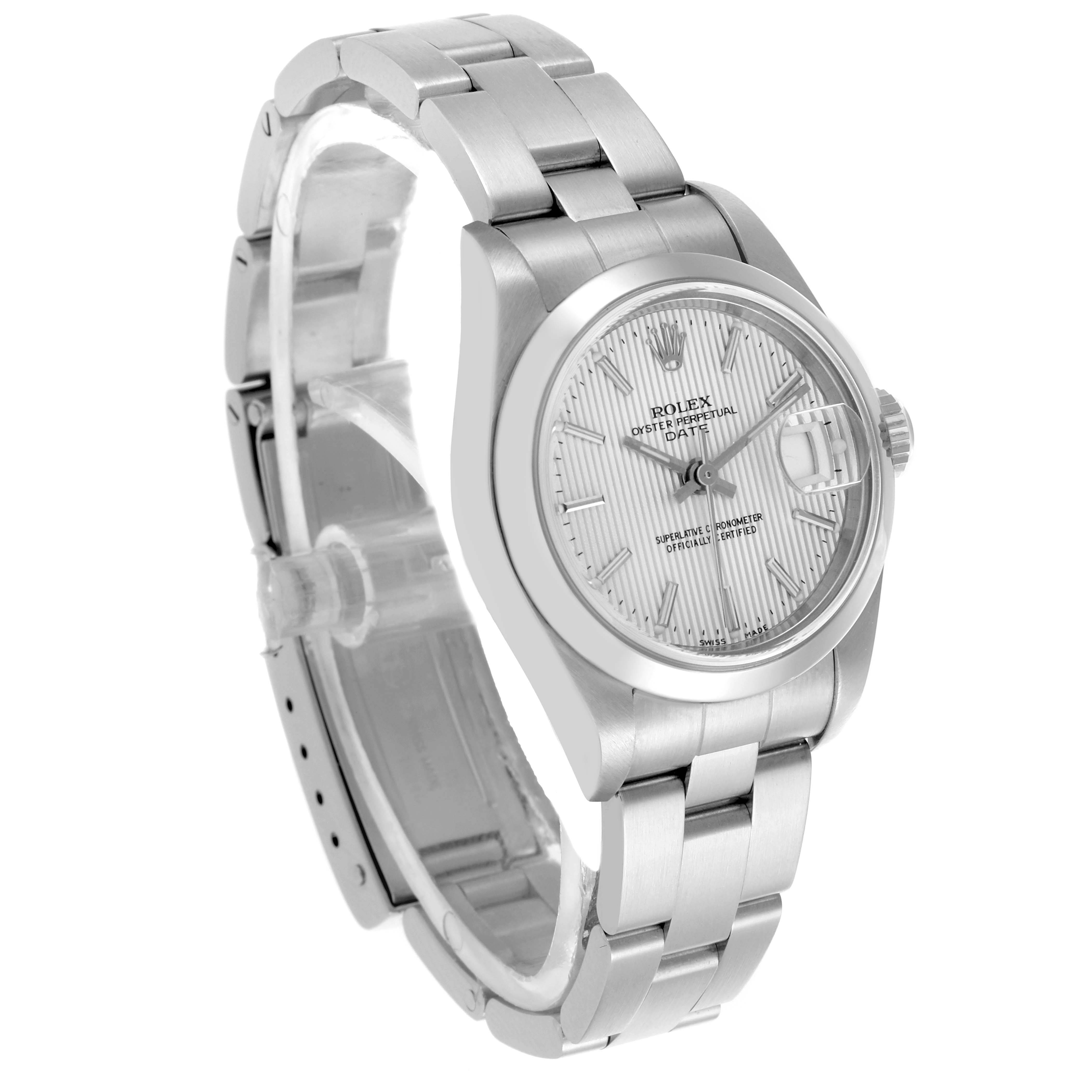 The Rolex Date 79160 Women's Stainless Steel Silver Dial 79160 Women's Stainless Steel Silver Dial model watch is shown at a three-quarter angle, highlighting the face, bezel, crown, and bracelet.