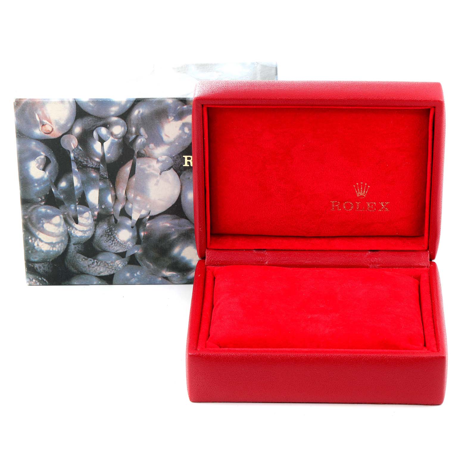 The image shows a red Rolex Datejust 69173 Women
s Steel and Gold (two tone) Champagne Dial 69173 Women
s Steel and Gold (two tone) Champagne Dial watch box open, with the outer packaging visible behind it.