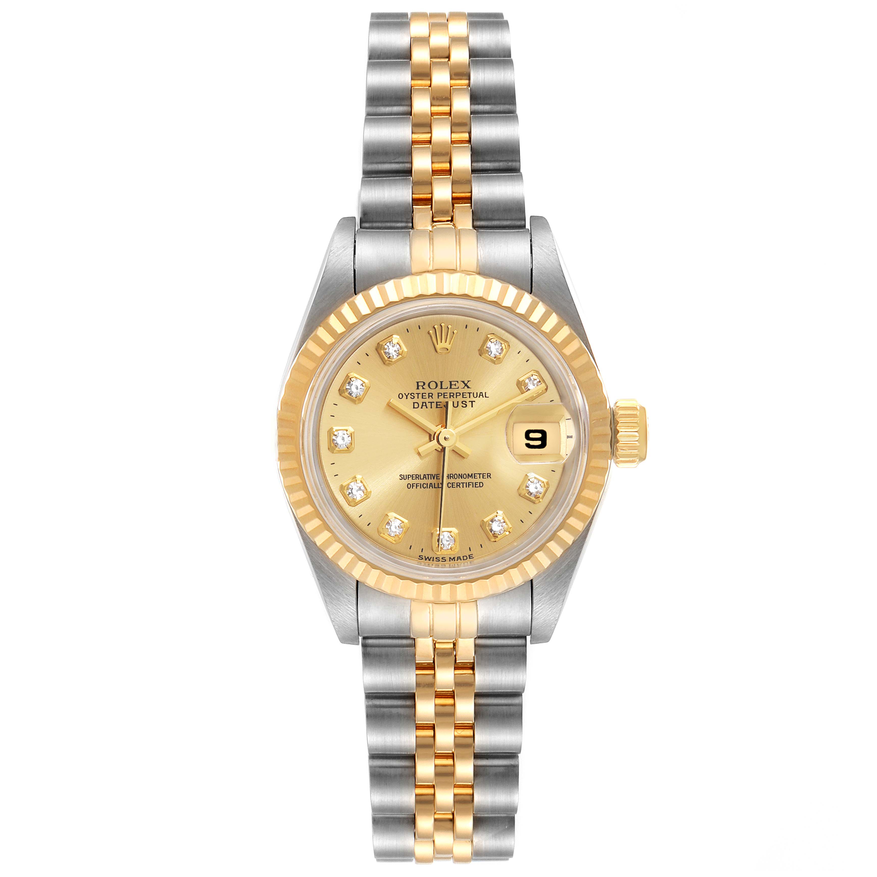 The image shows a front view of a Rolex Datejust 69173 Women
s Steel and Gold (two tone) Champagne Dial 69173 Women
s Steel and Gold (two tone) Champagne Dial watch with a two-tone bracelet and a gold fluted bezel.