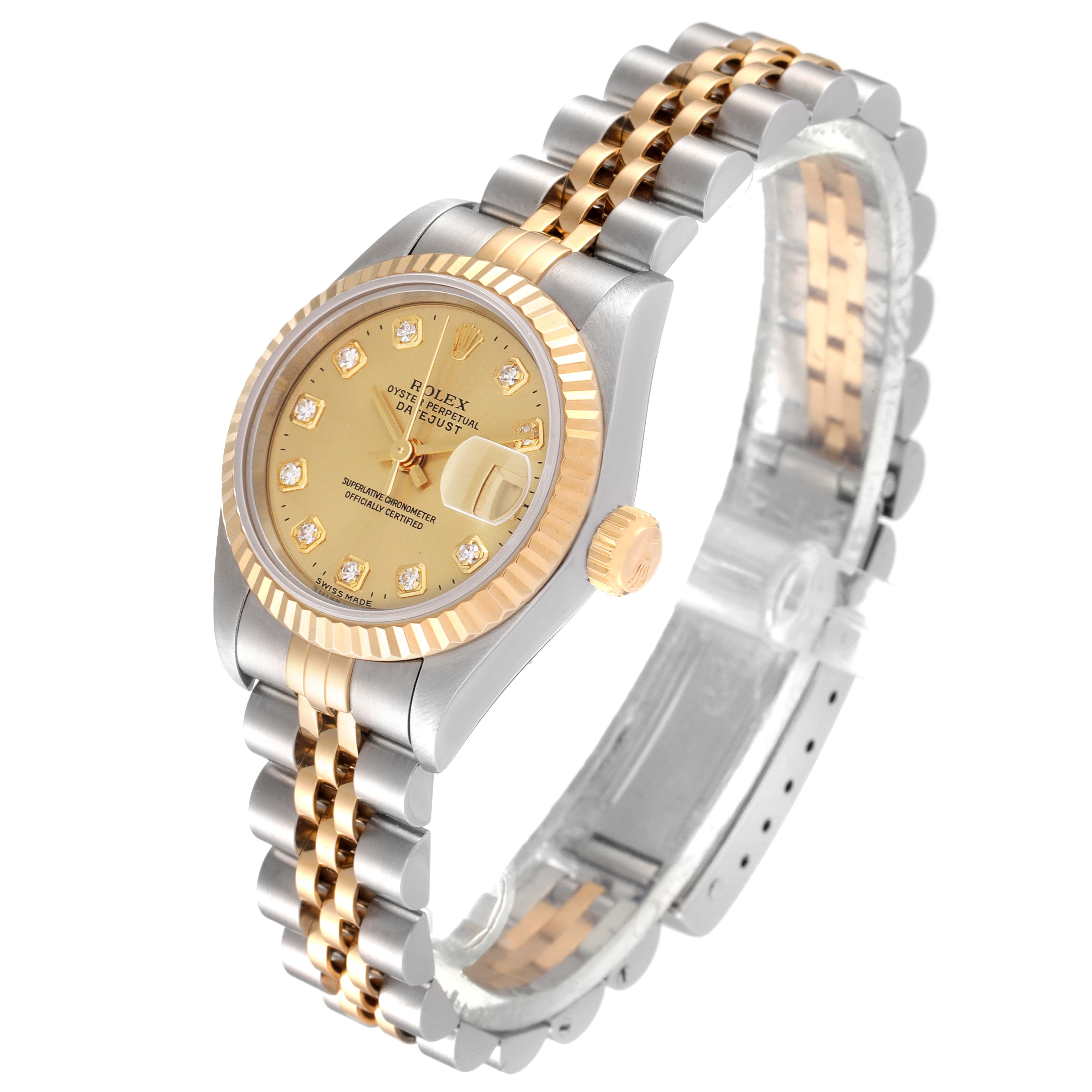 The image shows a Rolex Datejust 69173 Women
s Steel and Gold (two tone) Champagne Dial 69173 Women
s Steel and Gold (two tone) Champagne Dial watch at a three-quarter angle, highlighting its dial, bezel, crown, and two-tone Jubilee bracelet.