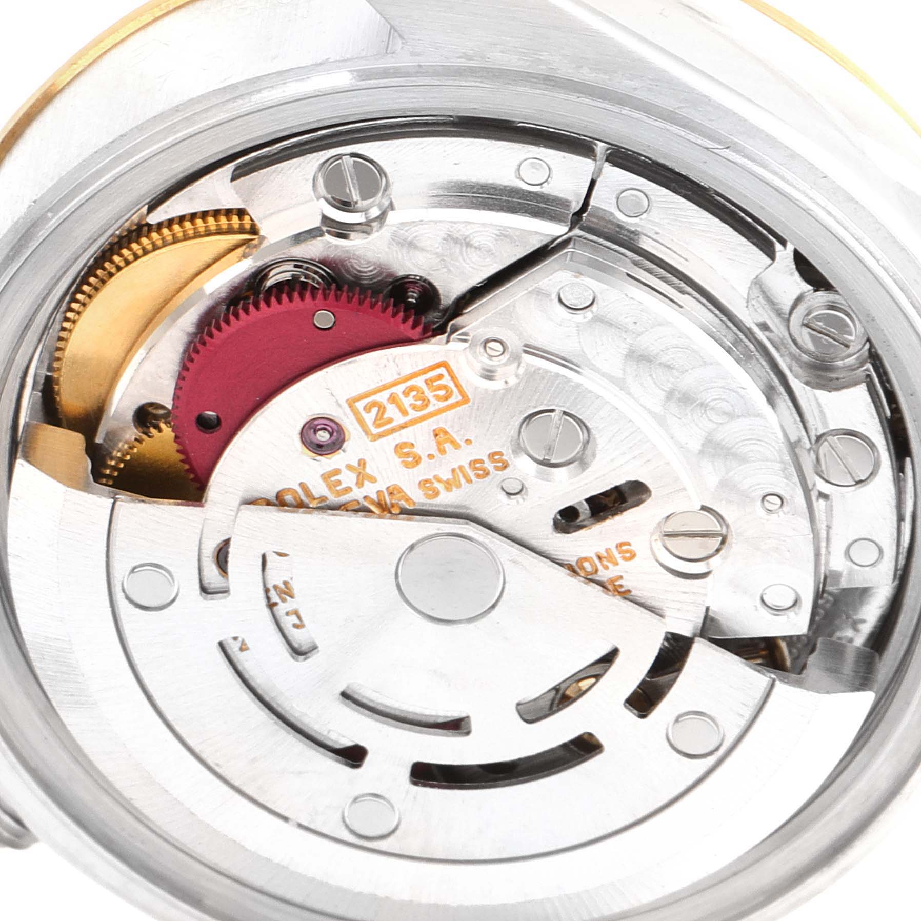 This image shows a close-up view of the Rolex Datejust 69173 Women
s Steel and Gold (two tone) Champagne Dial 69173 Women
s Steel and Gold (two tone) Champagne Dial model
s internal movement and mechanism components.