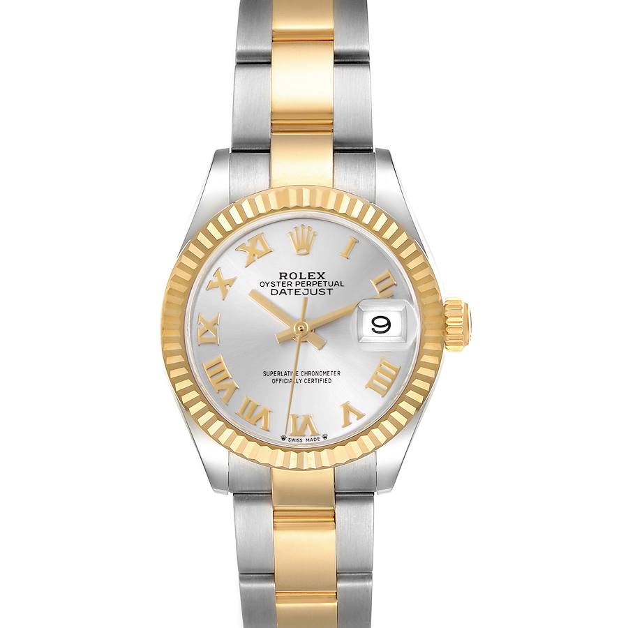 The image shows a front view of a Rolex Datejust watch, highlighting its gold bezel, bracelet, dial, and date window.