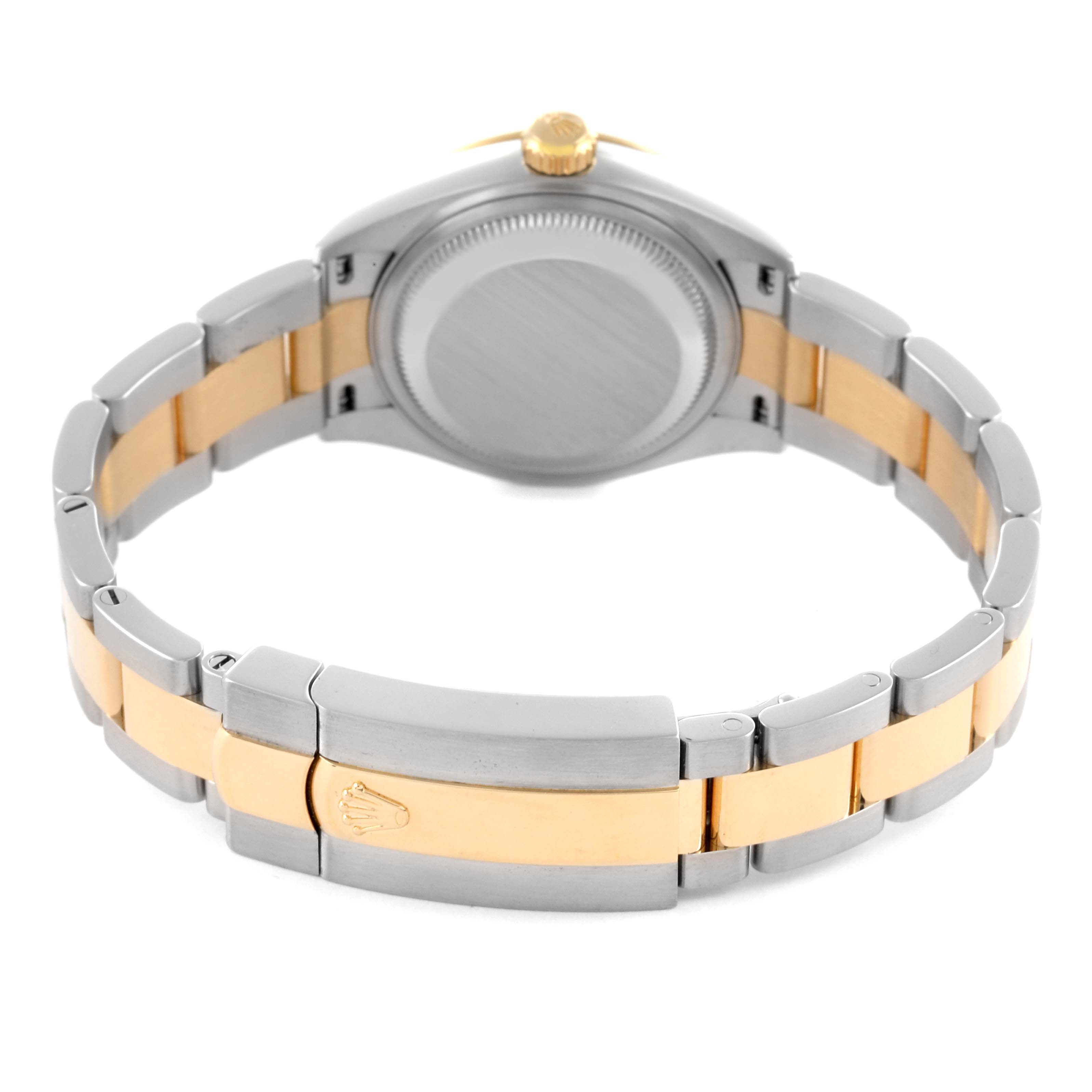 The Rolex Datejust 279173 Women's Steel and Gold (two tone) Silver Dial 279173 Women's Steel and Gold (two tone) Silver Dial watch is shown from the rear, highlighting the bracelet and case back.