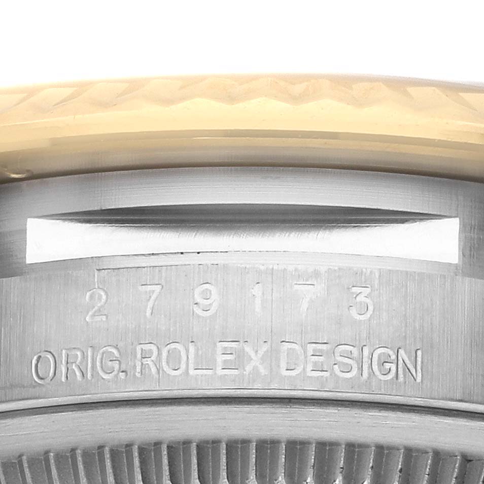 The image shows a close-up of the side of a Rolex Datejust 279173 Women's Steel and Gold (two tone) Silver Dial 279173 Women's Steel and Gold (two tone) Silver Dial watch, highlighting the model number and "ORIG. ROLEX DESIGN."