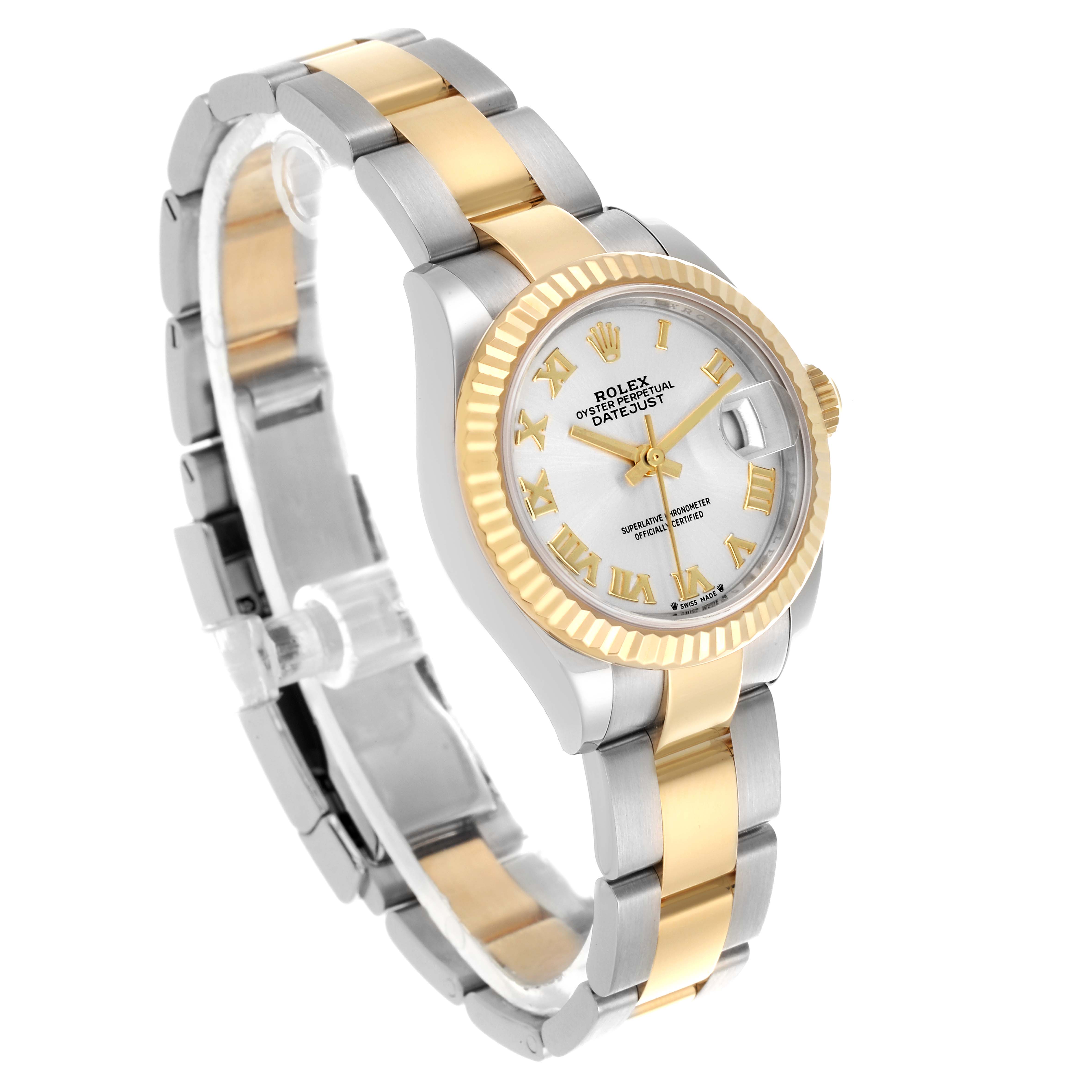 The Rolex Datejust 279173 Women's Steel and Gold (two tone) Silver Dial 279173 Women's Steel and Gold (two tone) Silver Dial watch is shown at a three-quarter angle displaying the face, case, and two-tone bracelet.