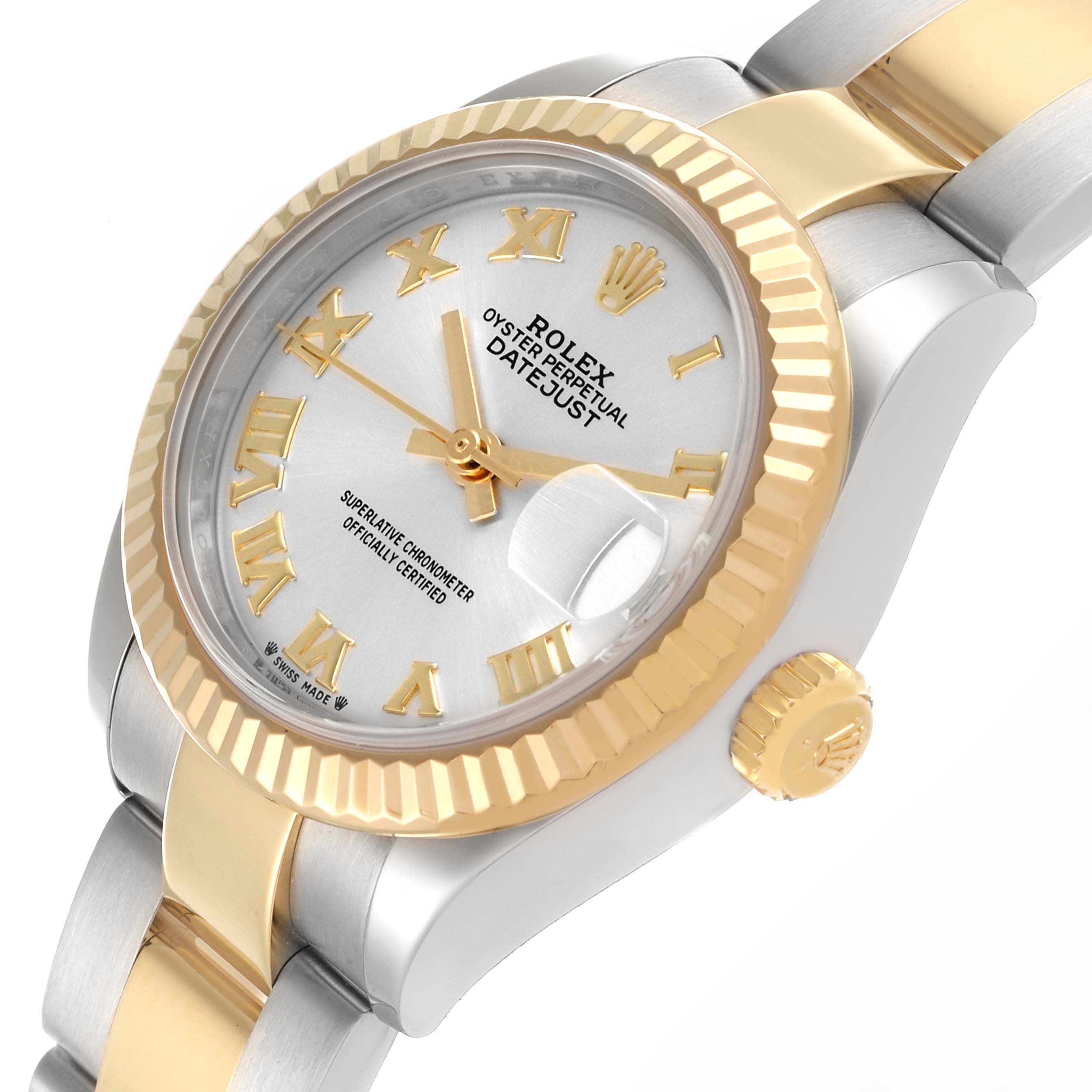 The Rolex Datejust 279173 Women's Steel and Gold (two tone) Silver Dial 279173 Women's Steel and Gold (two tone) Silver Dial model is shown at an angled view, highlighting the watch face, bezel, bracelet, and crown.