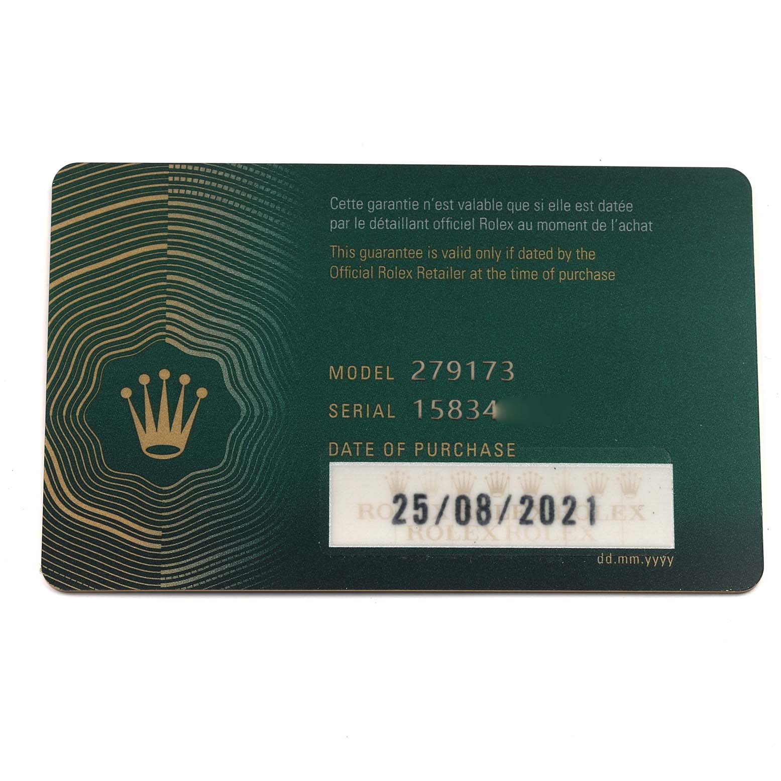 The image shows a warranty card for the Rolex Datejust 279173 Women's Steel and Gold (two tone) Silver Dial 279173 Women's Steel and Gold (two tone) Silver Dial, model 279173, with purchase details.