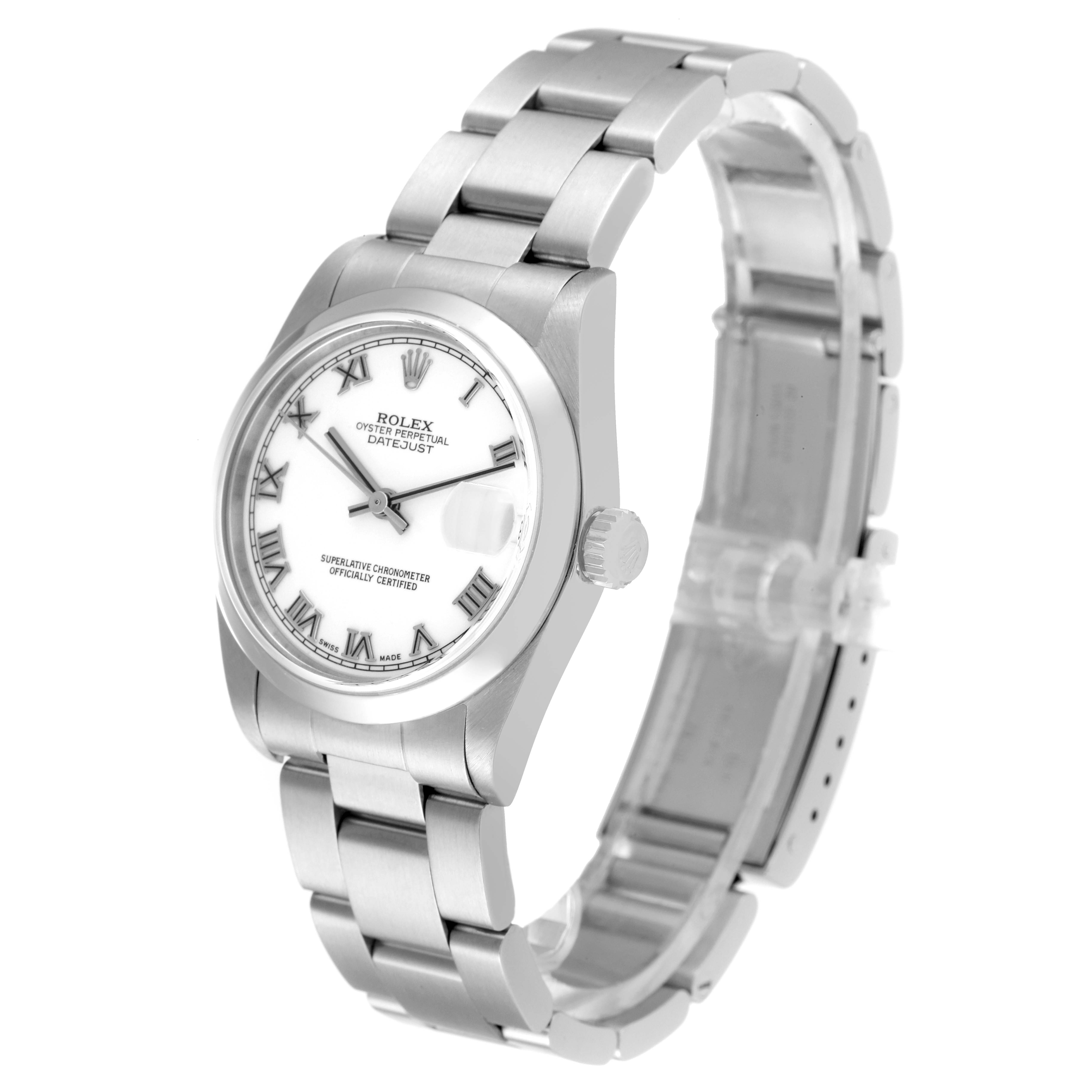 The image shows a Rolex Mid-Size 78240 Women
s Stainless Steel White Dial 78240 Women
s Stainless Steel White Dial Oyster Perpetual Datejust watch, displaying the face, case, crown, and bracelet at an angled side view.