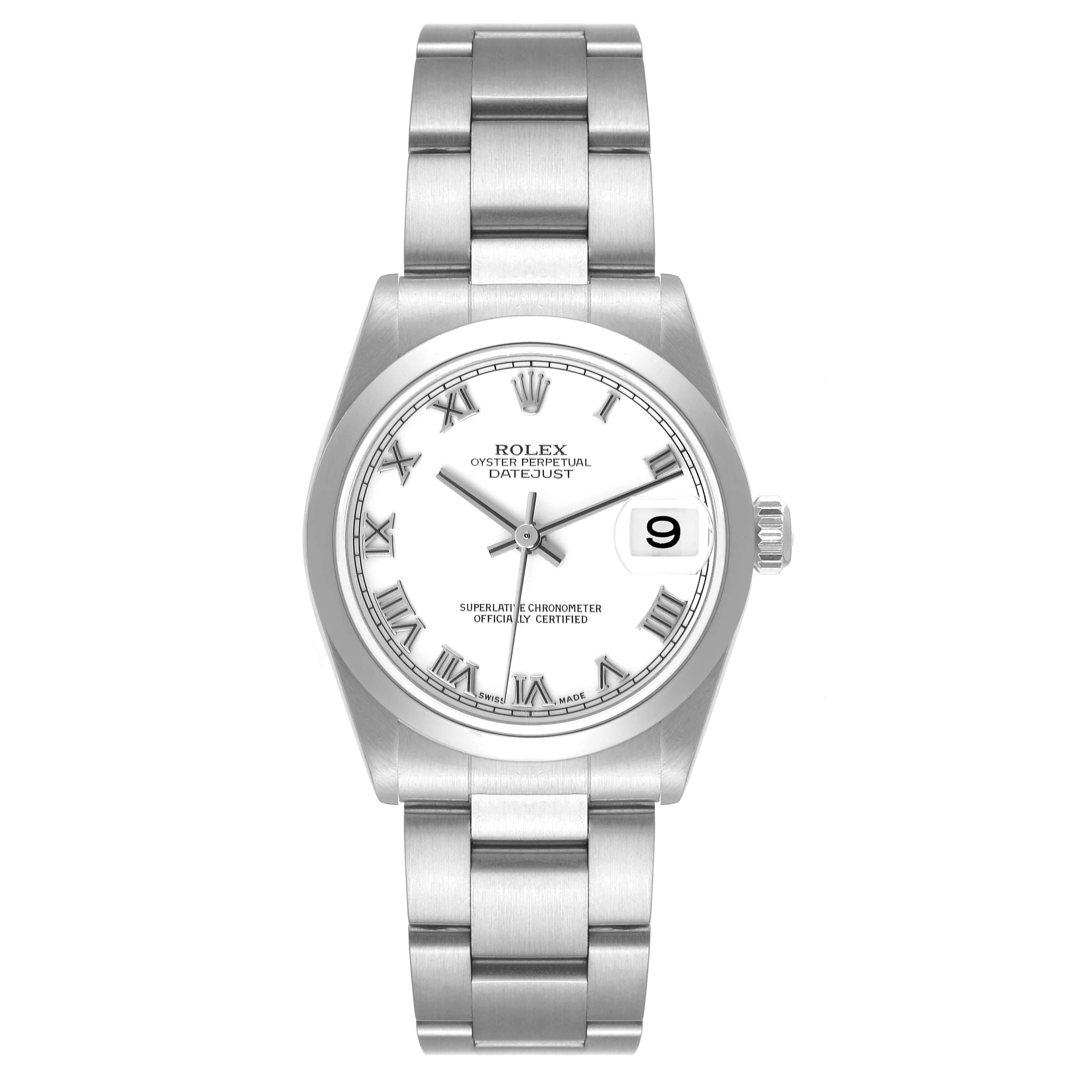 This image shows a front view of the Rolex Oyster Perpetual Datejust Mid-Size watch, showcasing its dial, case, and bracelet.