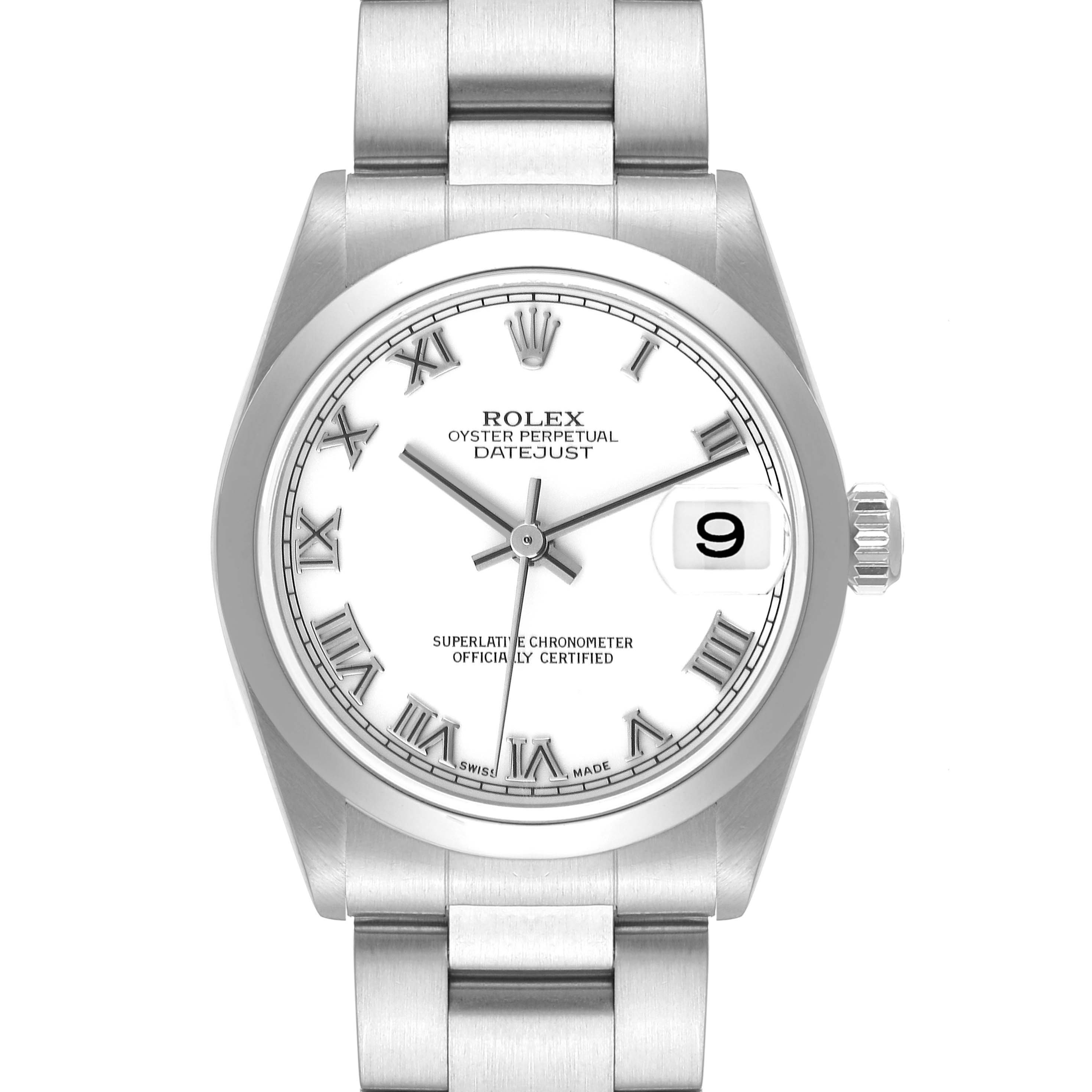 This image shows a front view of a Rolex Mid-Size 78240 Women
s Stainless Steel White Dial 78240 Women
s Stainless Steel White Dial Datejust watch, highlighting the dial, hands, date window, and bracelet.