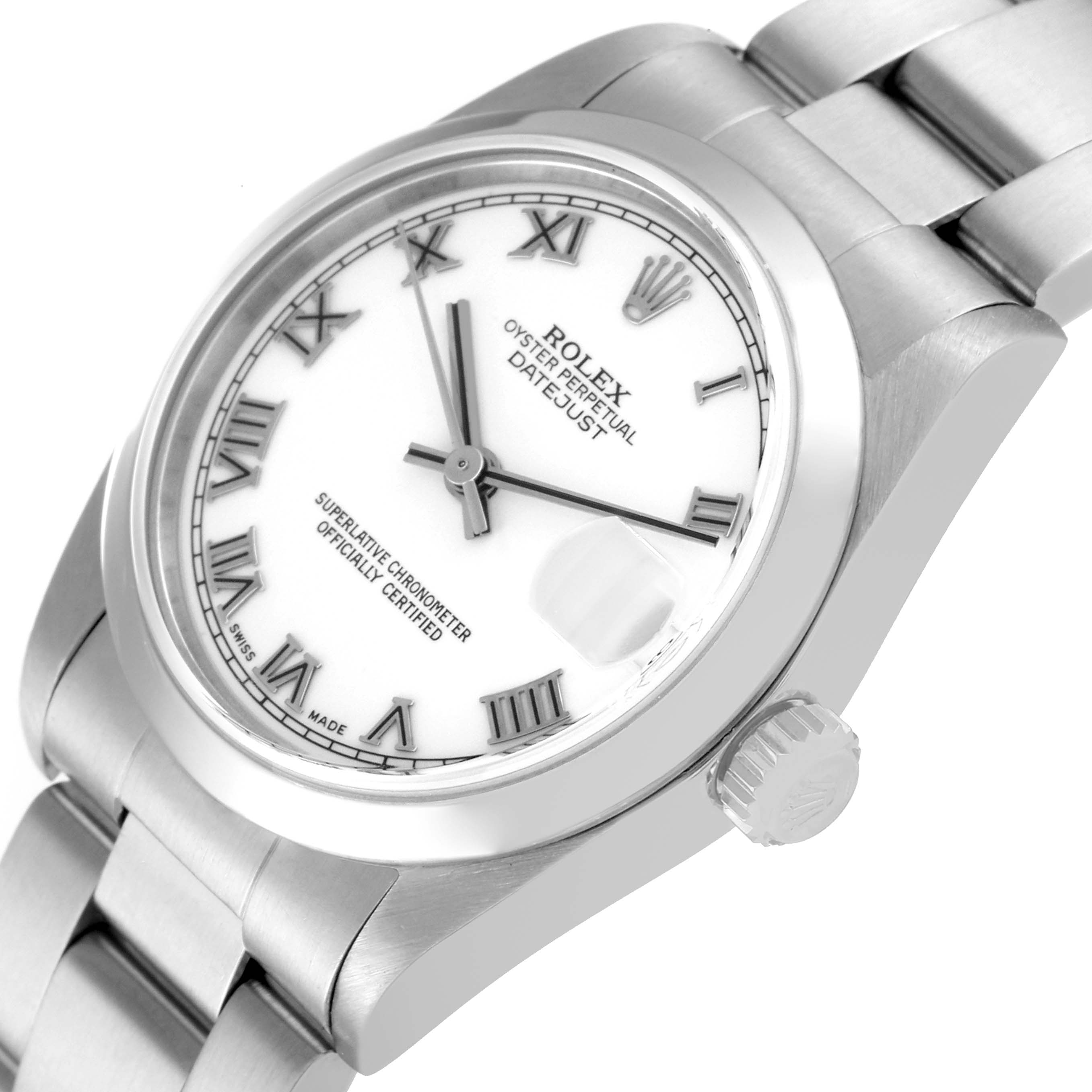 The image shows a close-up angled view of a Rolex Datejust Mid-Size watch, displaying the face, bezel, band, and crown.
