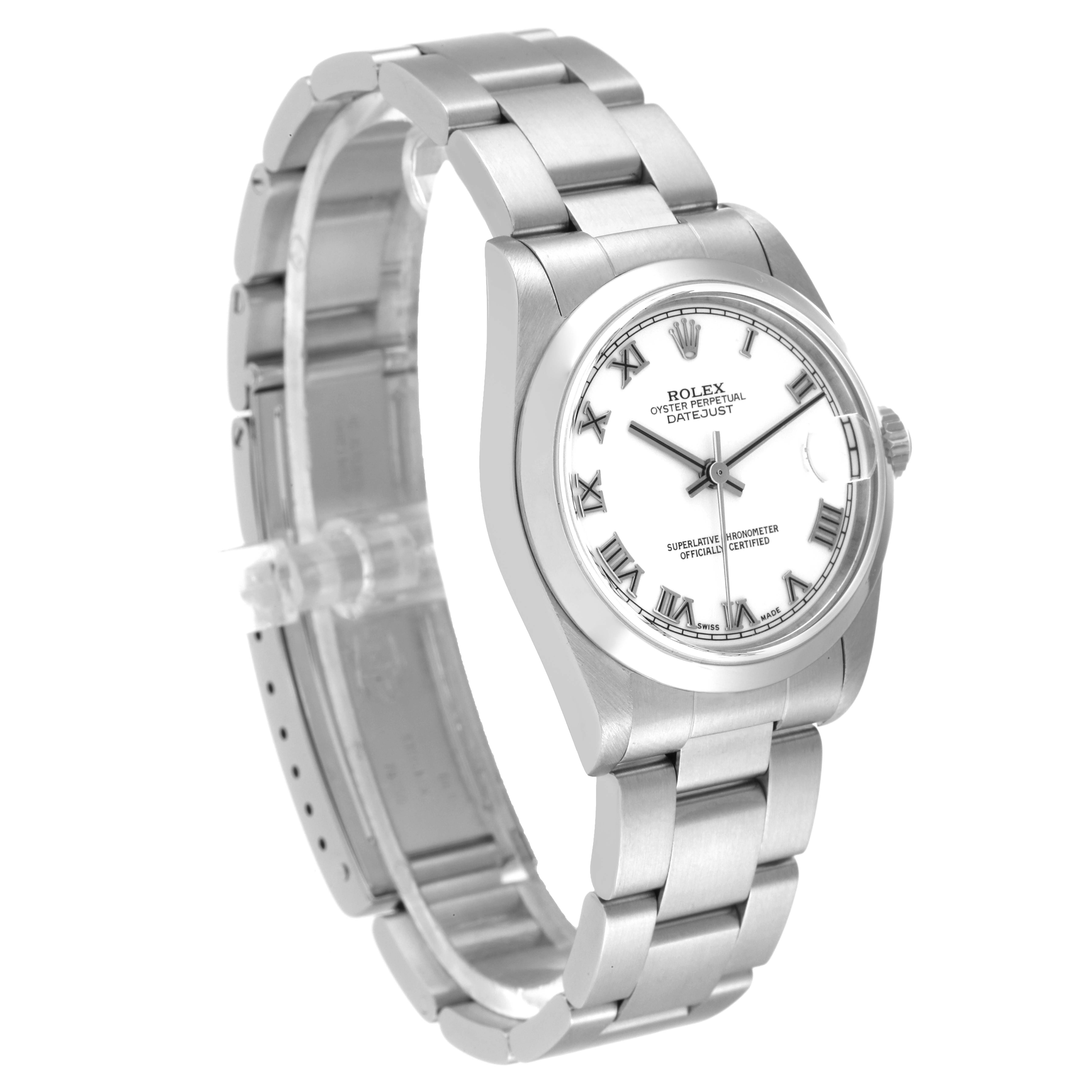 This image shows a Rolex Datejust Mid-Size watch from a three-quarter angle, highlighting its face, bezel, and bracelet.