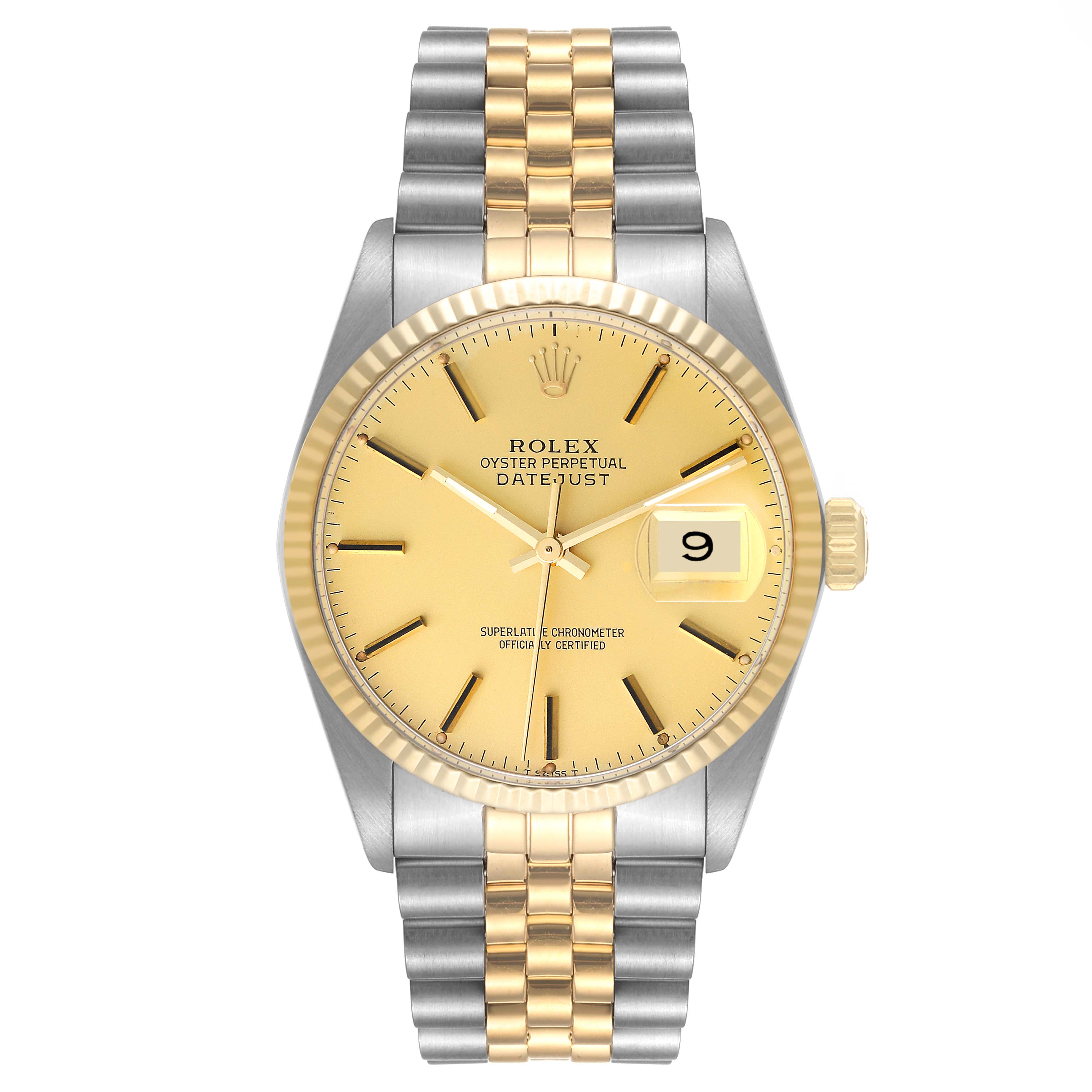 This image shows a front view of the Rolex Datejust 16013 Men's Steel and Gold (two tone) Champagne Dial 16013 Men's Steel and Gold (two tone) Champagne Dial watch, displaying its dial, bezel, case, bracelet, and date window.