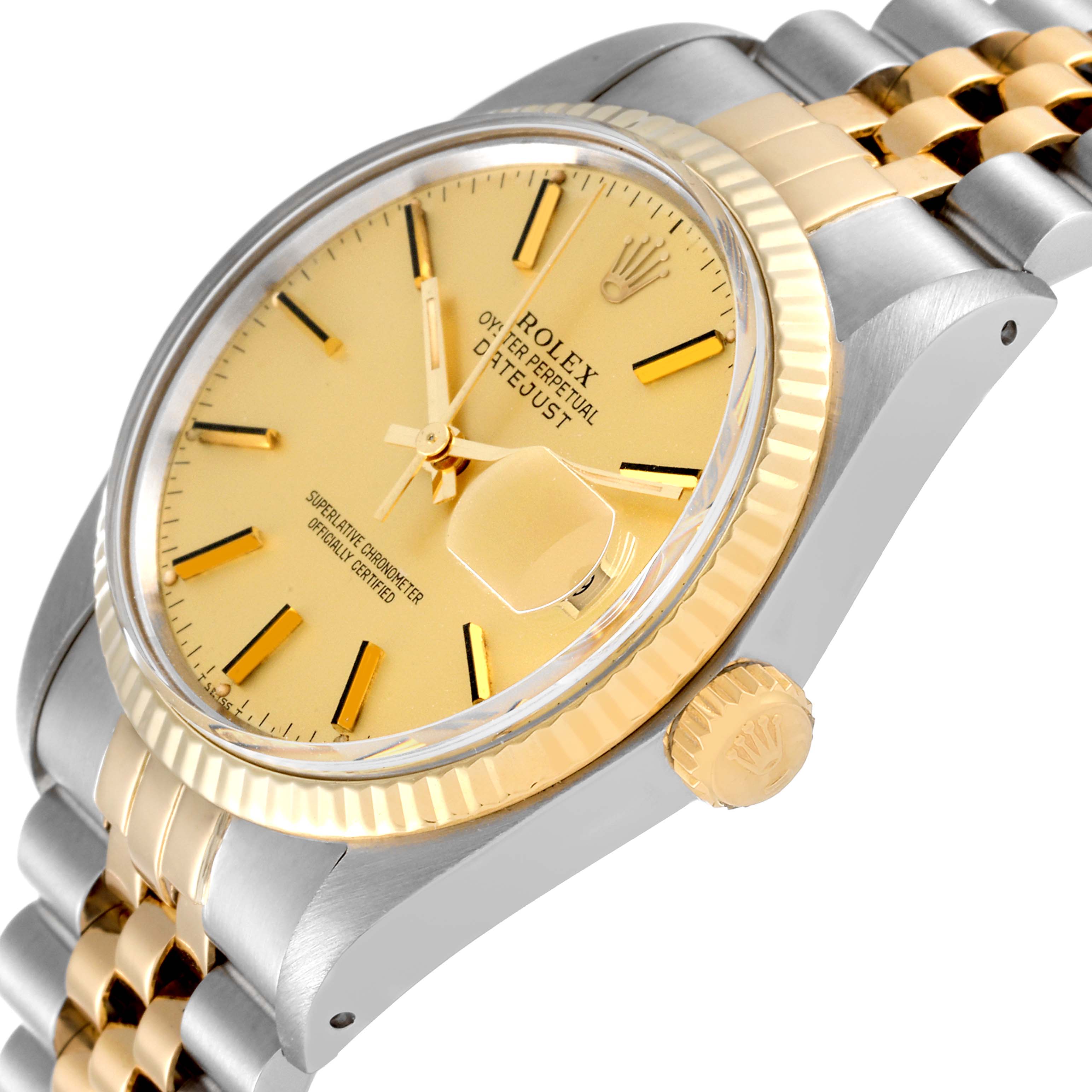 The image shows a close-up, angled view of the Rolex Datejust 16013 Men's Steel and Gold (two tone) Champagne Dial 16013 Men's Steel and Gold (two tone) Champagne Dial watch, highlighting its dial, bezel, crown, and part of the bracelet.