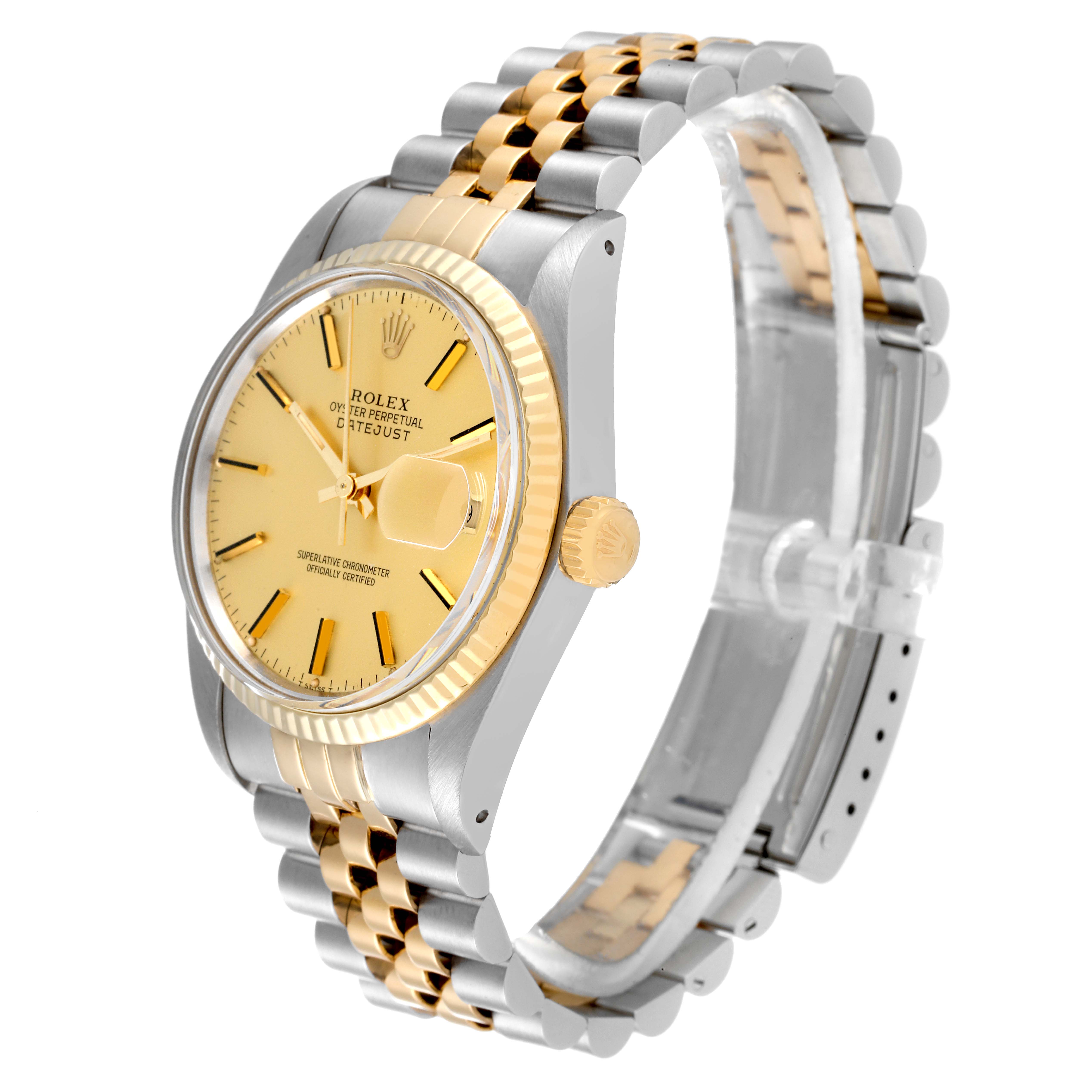 This image shows a Rolex Datejust 16013 Men's Steel and Gold (two tone) Champagne Dial 16013 Men's Steel and Gold (two tone) Champagne Dial watch at an oblique angle, displaying its face, crown, and part of the Jubilee bracelet.