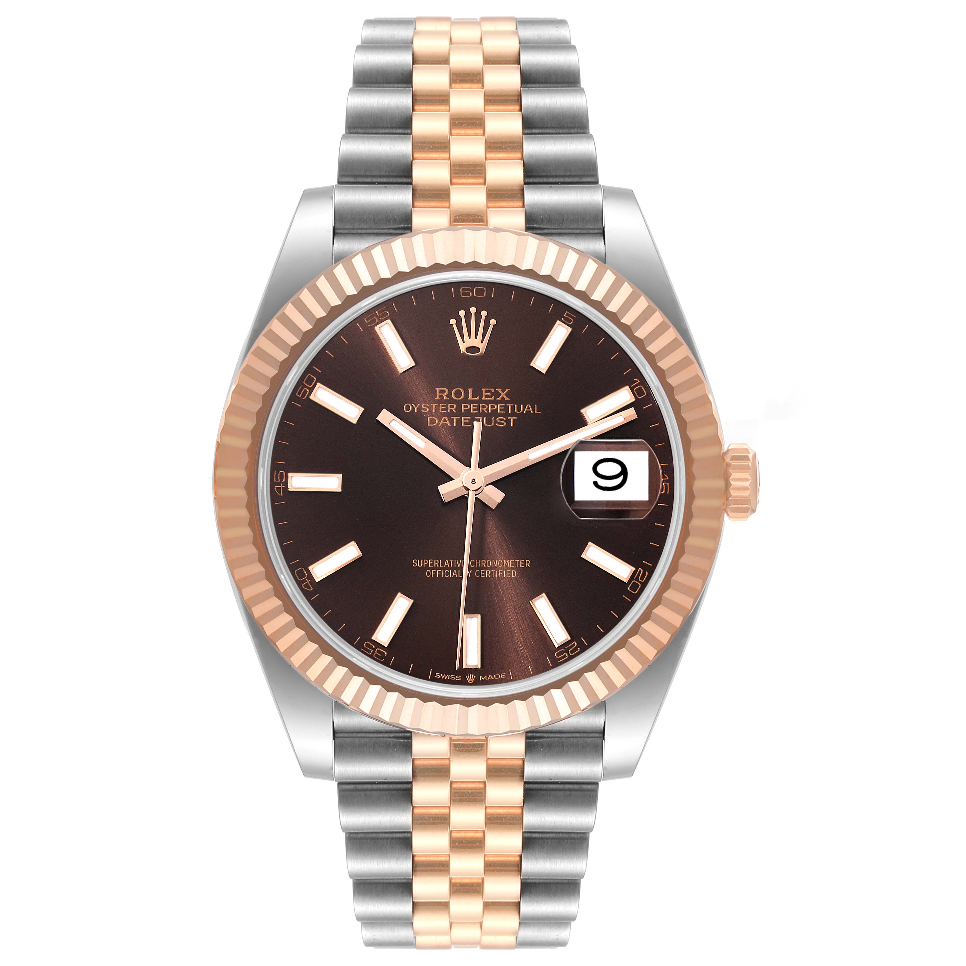 The image shows a front view of the Rolex Datejust 41 126331 Men's Steel and Gold (two tone) Brown Dial 126331 Men's Steel and Gold (two tone) Brown Dial, highlighting the dial, bezel, and bracelet.