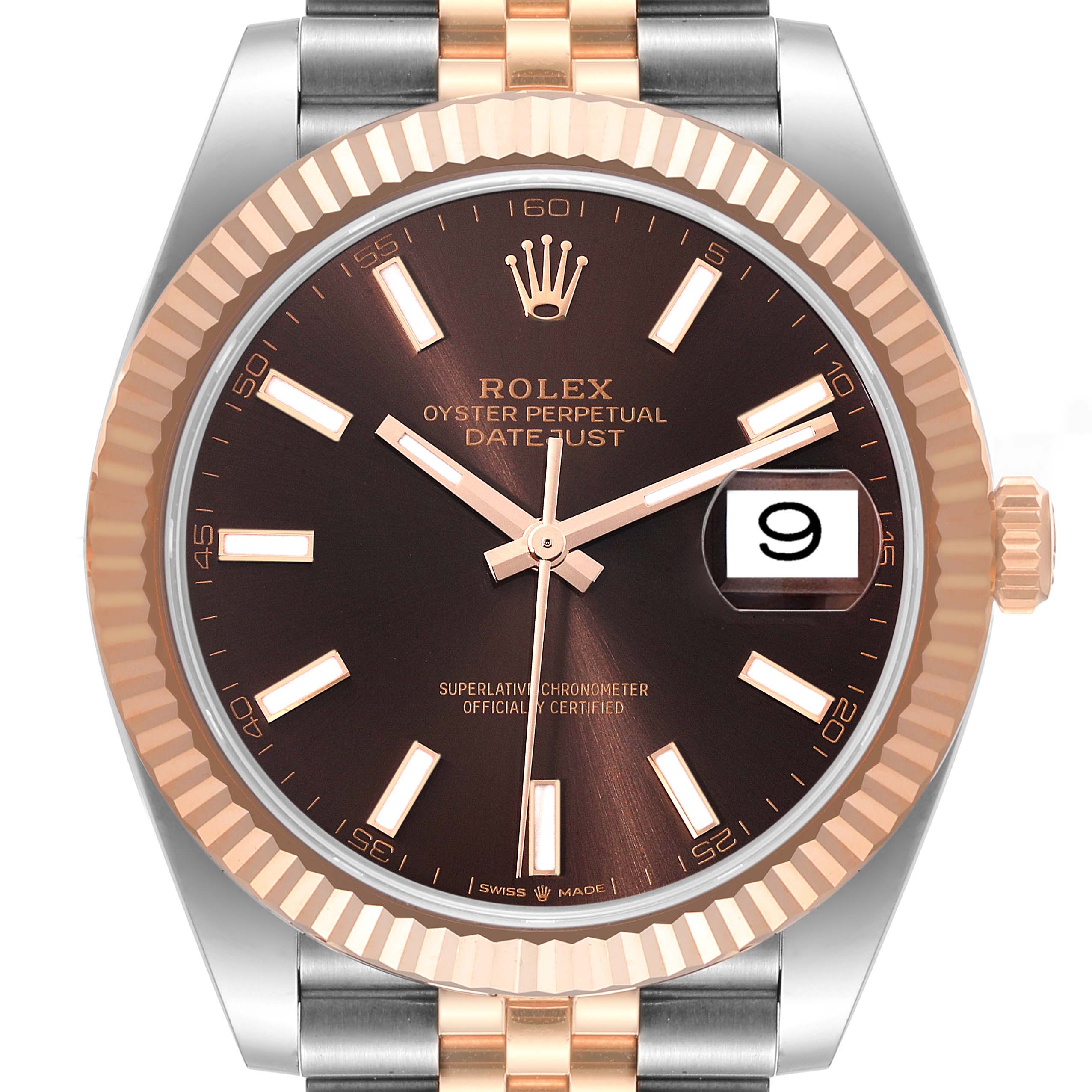 This image shows the dial, bezel, crown, and part of the bracelet of the Rolex Datejust 41 126331 Men's Steel and Gold (two tone) Brown Dial 126331 Men's Steel and Gold (two tone) Brown Dial model from a front angle.