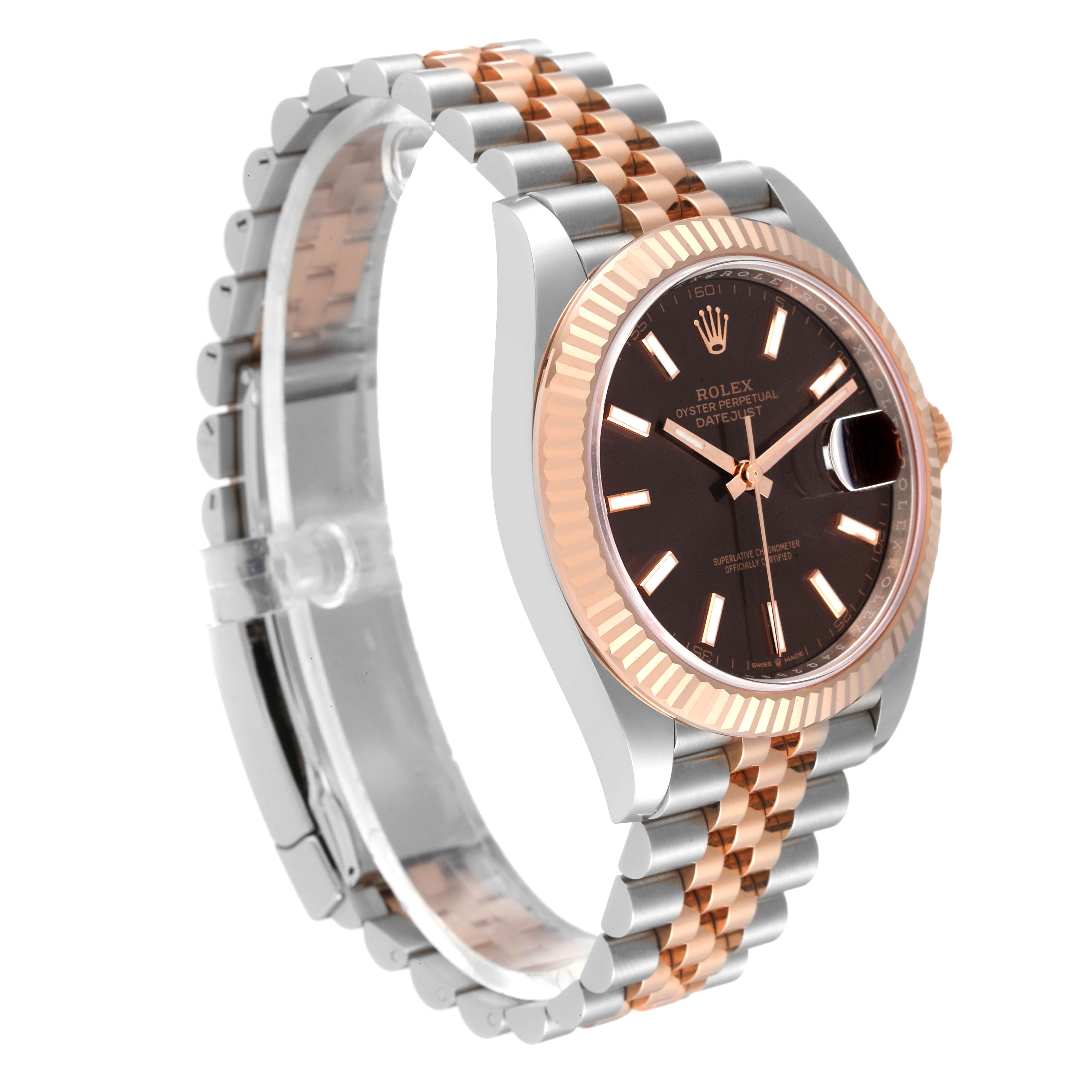The Rolex Datejust 41 126331 Men's Steel and Gold (two tone) Brown Dial 126331 Men's Steel and Gold (two tone) Brown Dial watch is shown at a three-quarter angle displaying its face, fluted bezel, and jubilee bracelet.