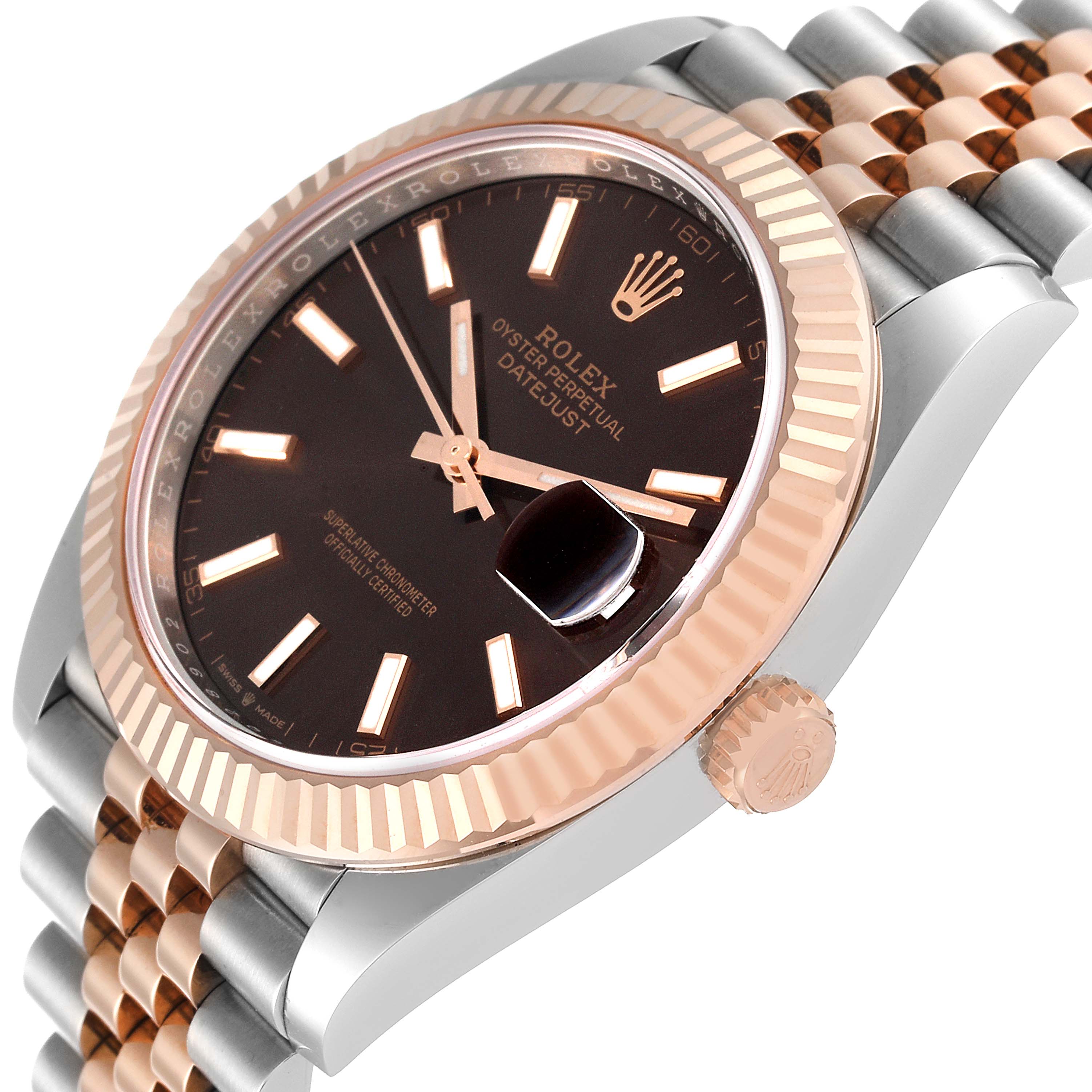 The Rolex Datejust 41 126331 Men's Steel and Gold (two tone) Brown Dial 126331 Men's Steel and Gold (two tone) Brown Dial model is shown at a slight angle, highlighting its dial, bezel, crown, and two-tone bracelet.