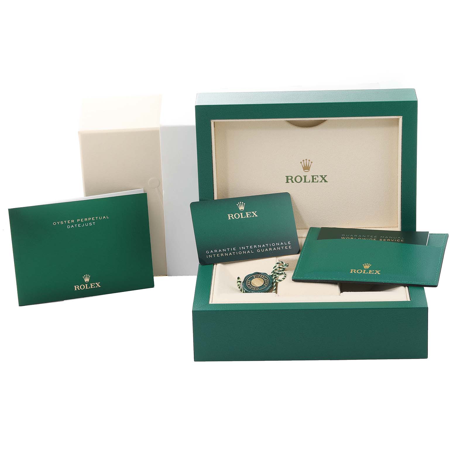 The image shows the Rolex Datejust 41 126331 Men's Steel and Gold (two tone) Brown Dial 126331 Men's Steel and Gold (two tone) Brown Dial box, guarantee card, Oyster Perpetual Datejust booklet, and other accessories.