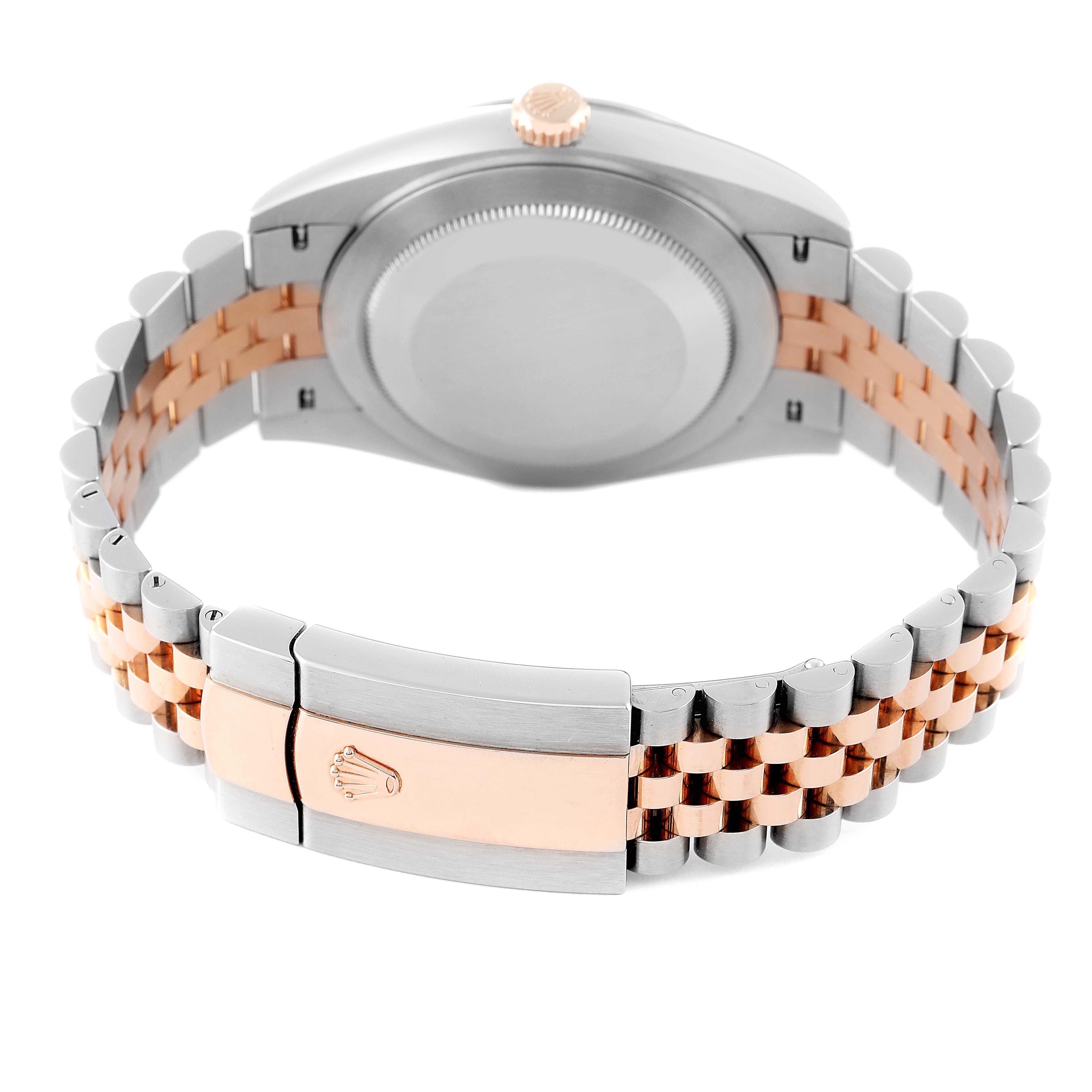 This is a rear view of the Rolex Datejust 41 126331 Men's Steel and Gold (two tone) Brown Dial 126331 Men's Steel and Gold (two tone) Brown Dial showing the case back and the two-tone Jubilee bracelet with clasp.