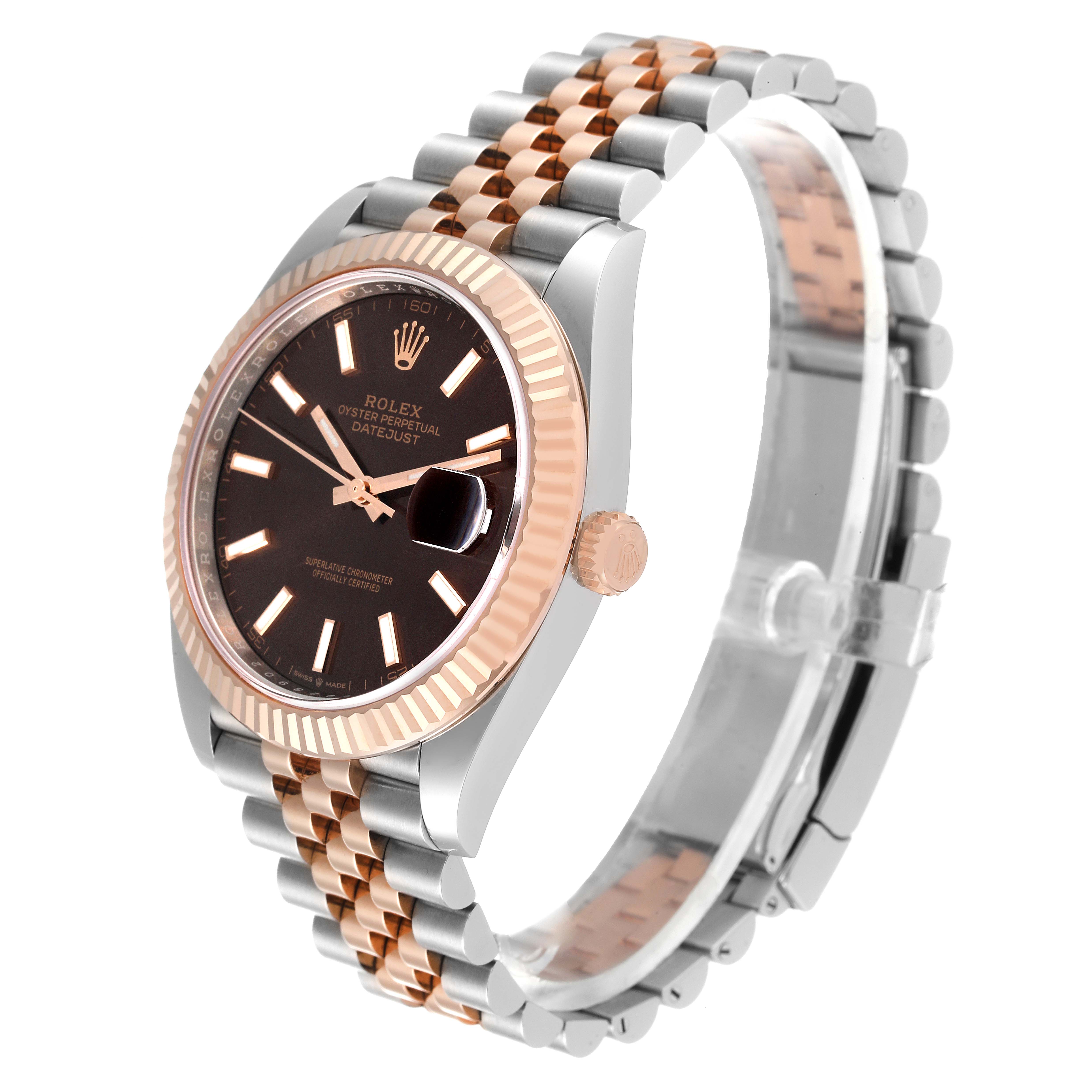 The photo showcases the Rolex Datejust 41 126331 Men's Steel and Gold (two tone) Brown Dial 126331 Men's Steel and Gold (two tone) Brown Dial watch from a three-quarter angle, highlighting its dial, bezel, and bracelet.