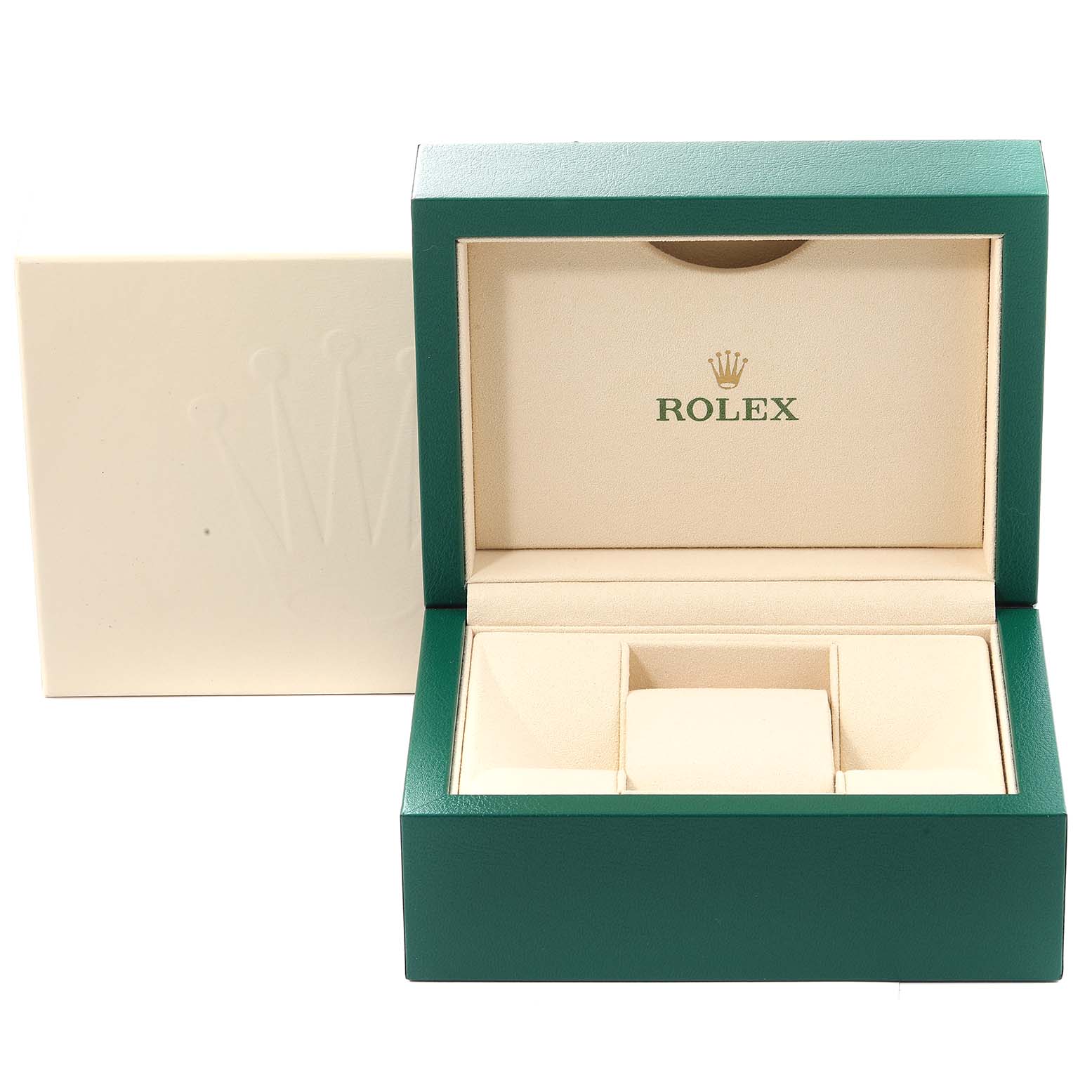 The image shows an open green and beige Rolex Datejust 41 126334 Men's Stainless Steel Blue Dial 126334 Men's Stainless Steel Blue Dial watch box from a frontal angle.