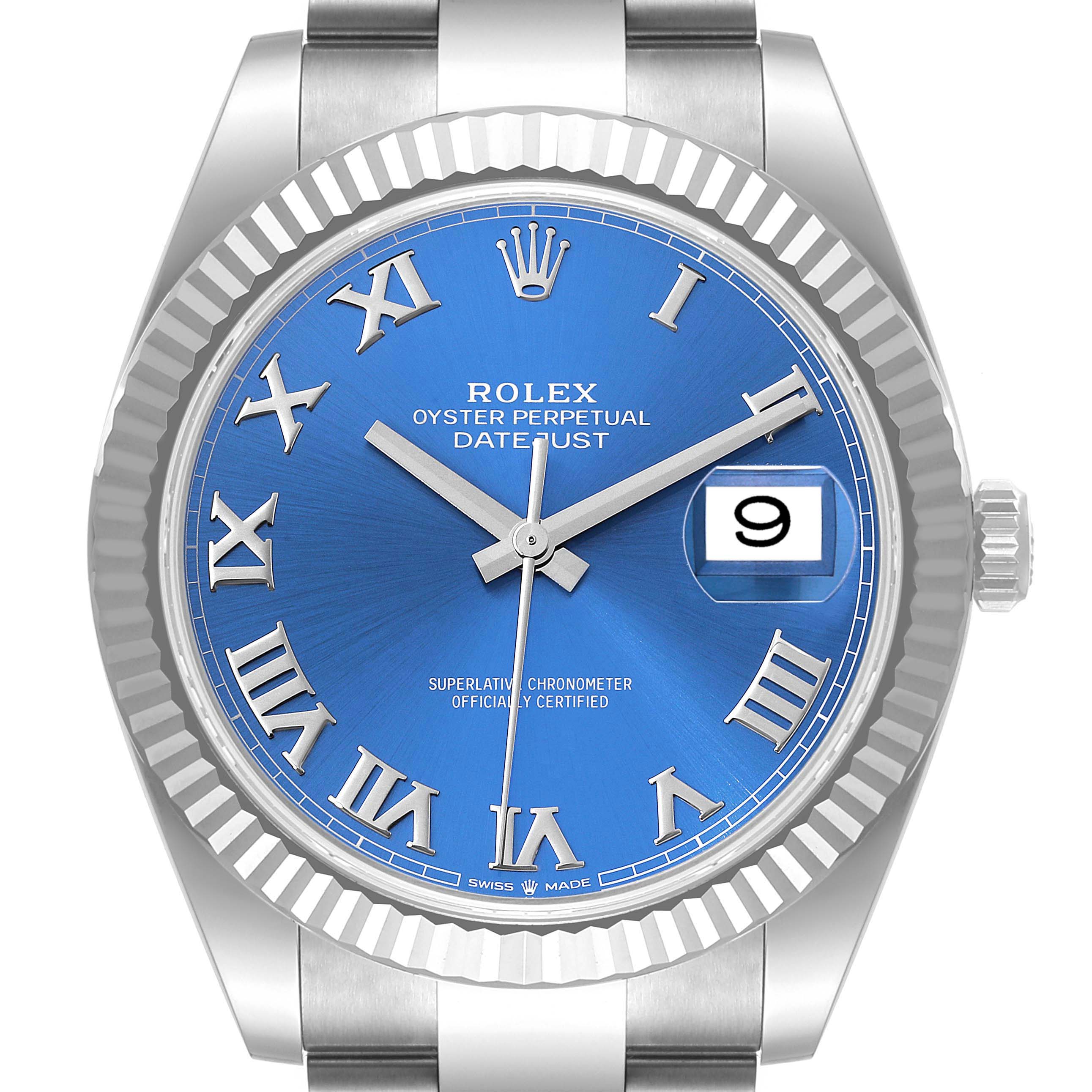 The image shows a front view of the Rolex Datejust 41 126334 Men's Stainless Steel Blue Dial 126334 Men's Stainless Steel Blue Dial watch, highlighting its blue dial, Roman numerals, and date window at 3 o'clock.
