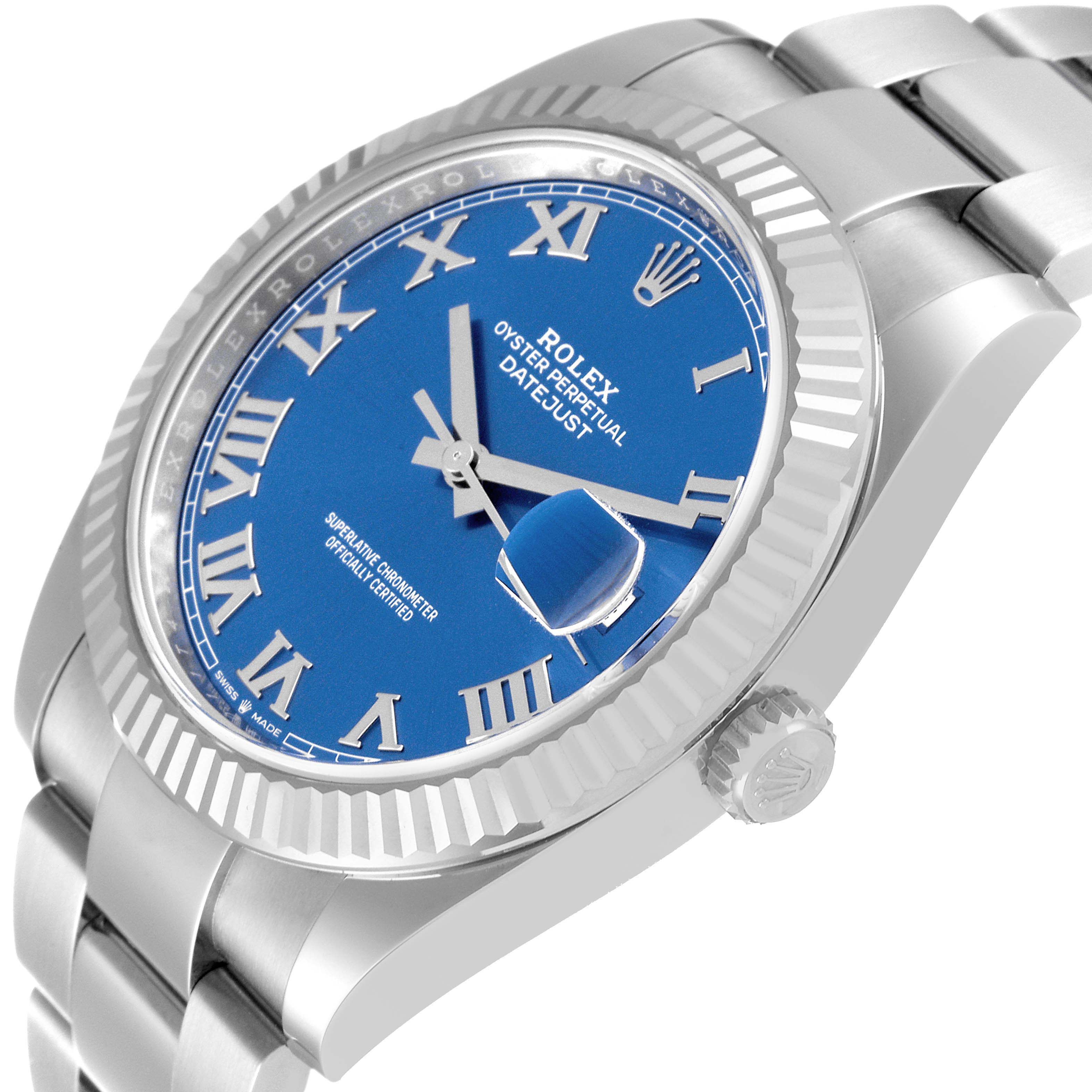 The image features a side and partial front view of the Rolex Datejust 41 126334 Men's Stainless Steel Blue Dial 126334 Men's Stainless Steel Blue Dial, showcasing its blue dial, bezel, and bracelet.