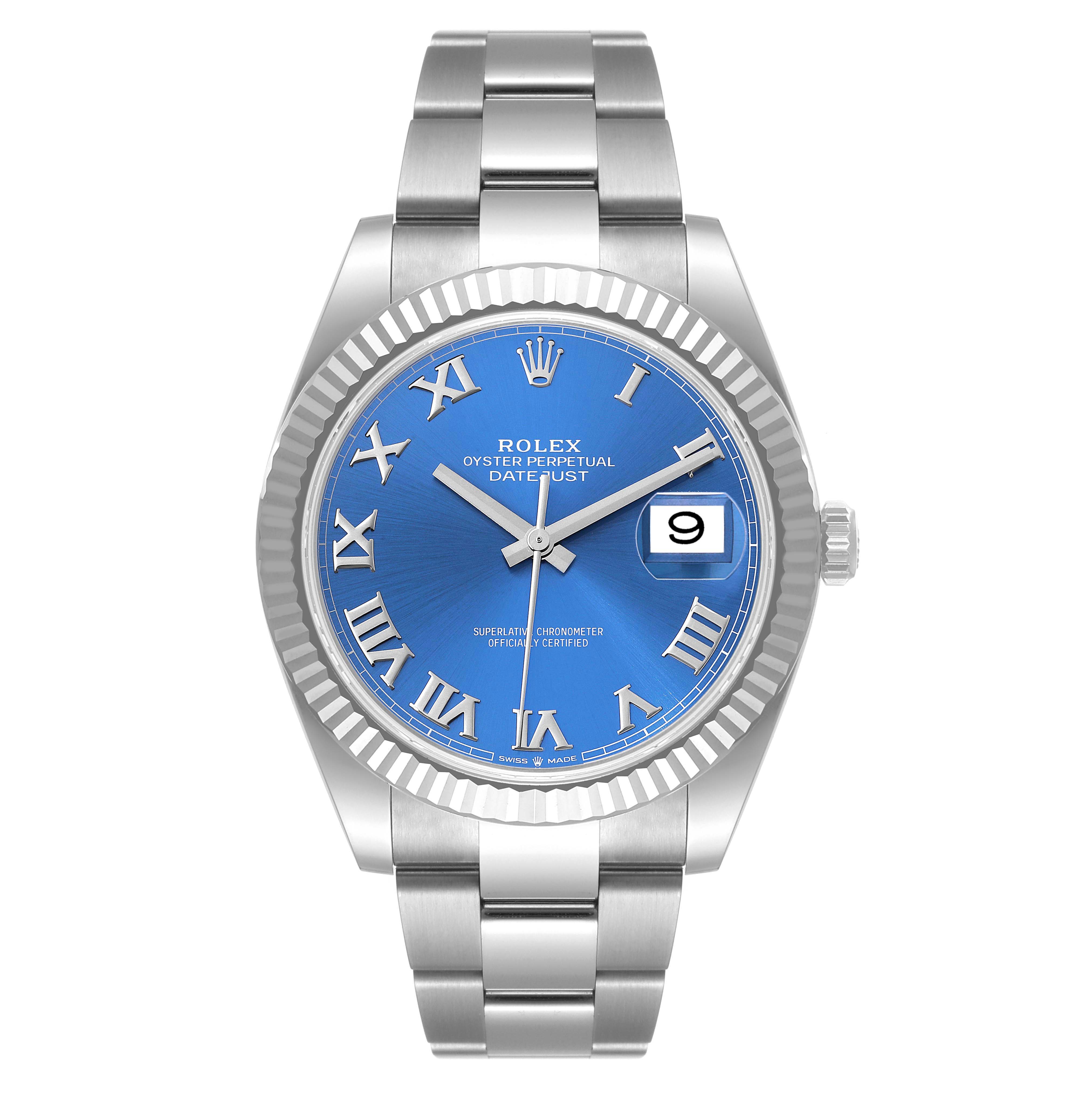 The image shows a front view of the Rolex Datejust 41 126334 Men's Stainless Steel Blue Dial 126334 Men's Stainless Steel Blue Dial with a blue dial, Roman numerals, and a stainless steel bracelet.