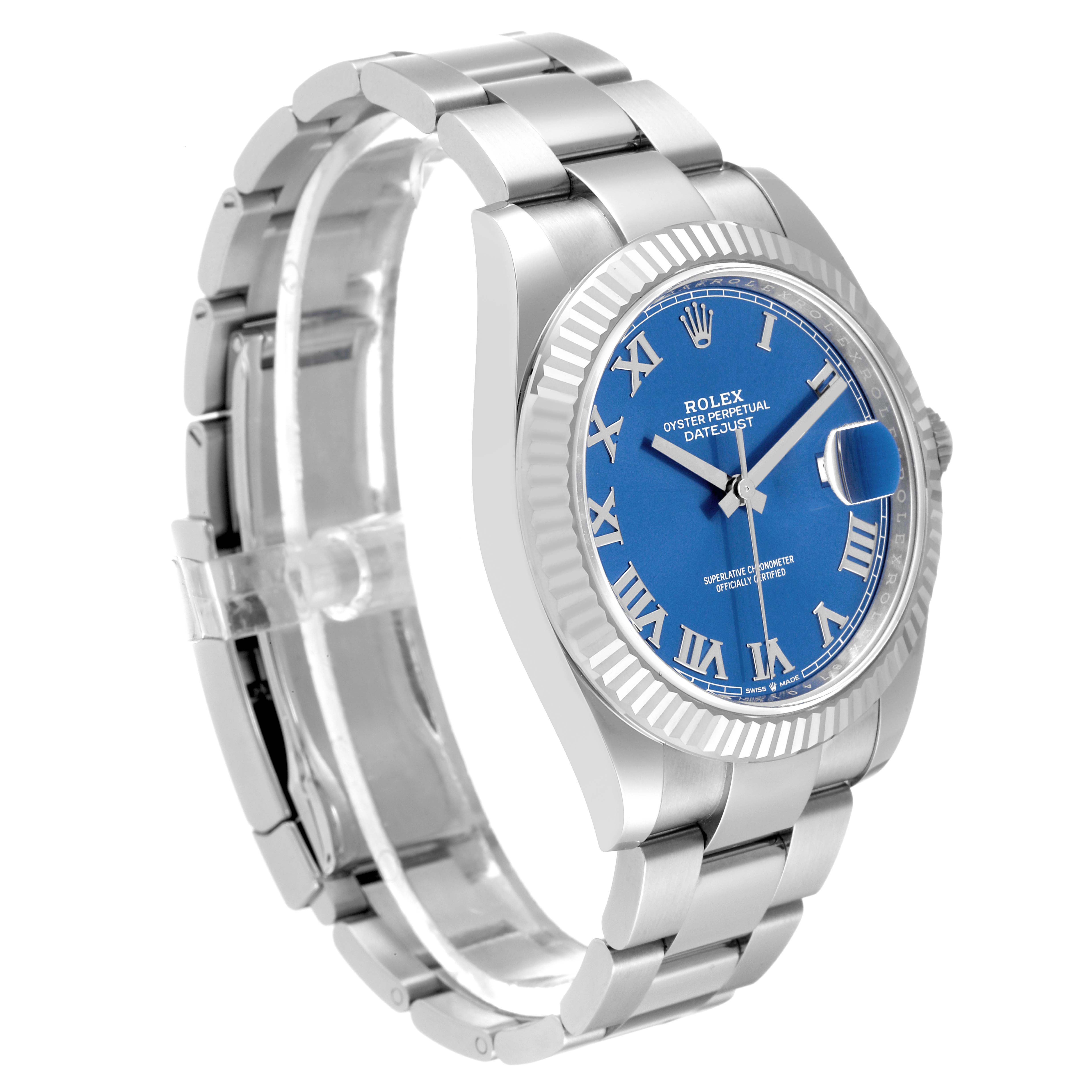 The Rolex Datejust 41 126334 Men's Stainless Steel Blue Dial 126334 Men's Stainless Steel Blue Dial watch is shown at a three-quarter angle, highlighting its blue dial, fluted bezel, and Oystersteel bracelet.
