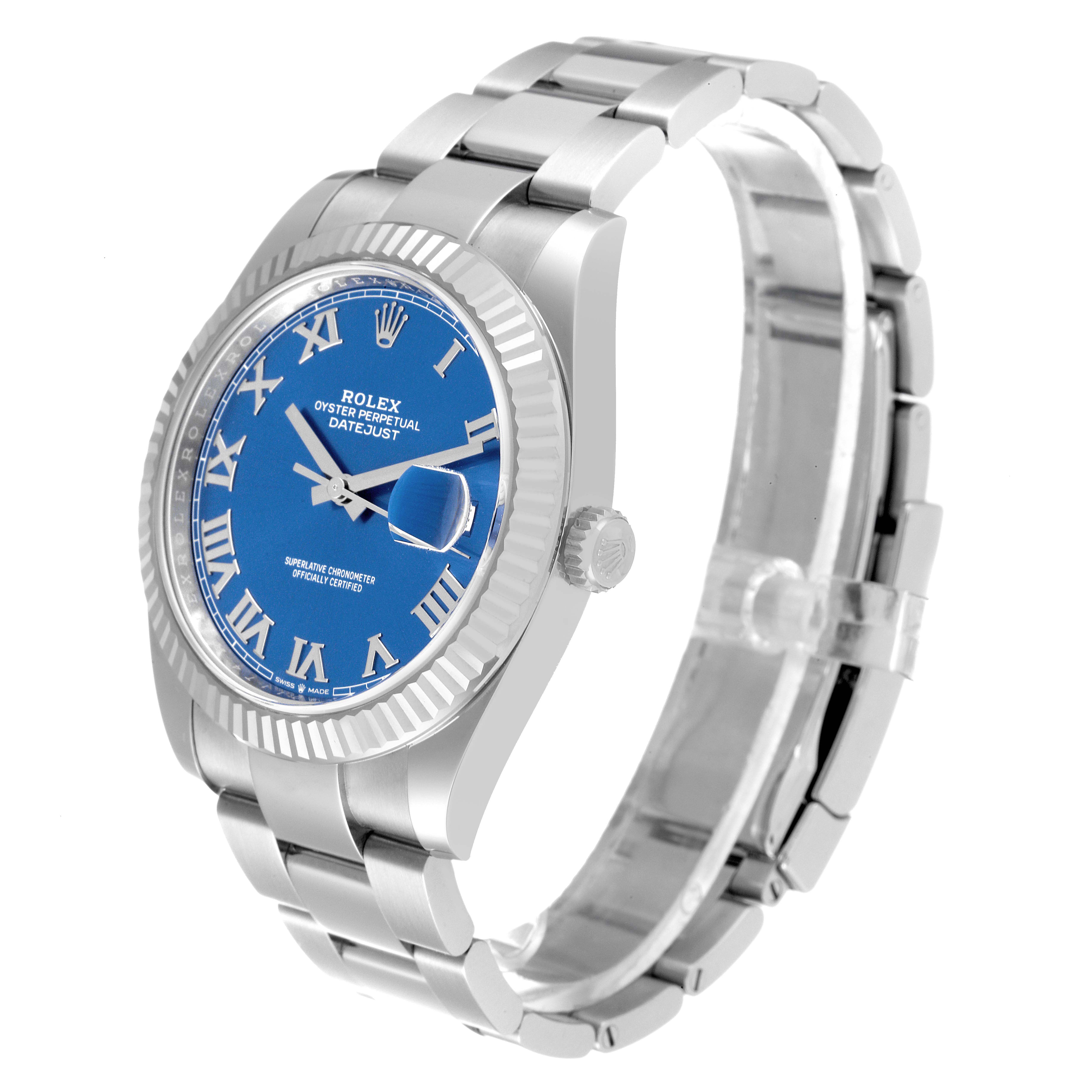The Rolex Datejust 41 126334 Men's Stainless Steel Blue Dial 126334 Men's Stainless Steel Blue Dial watch is shown at a 3/4 angle, highlighting the blue dial, Roman numerals, fluted bezel, and metal bracelet.