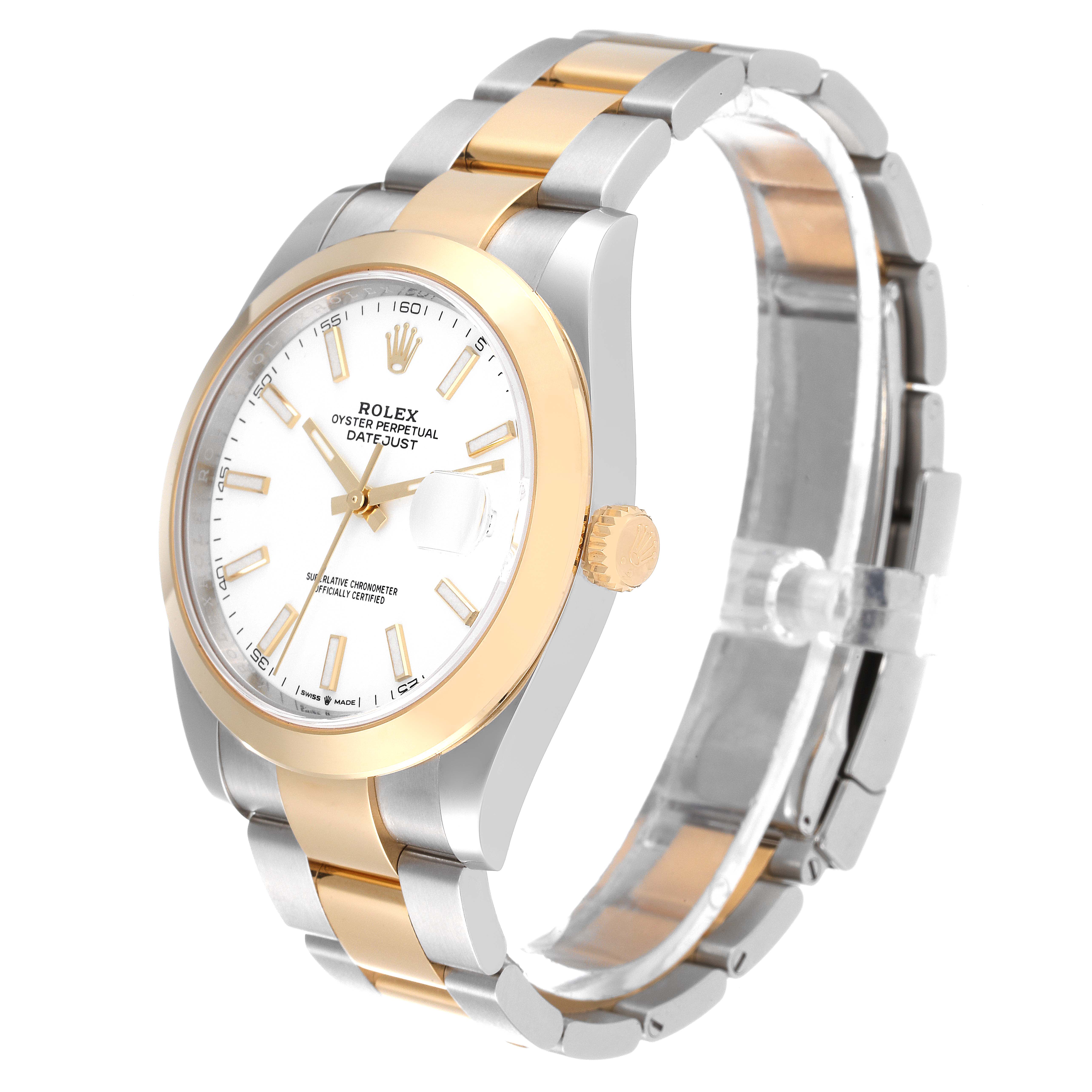 The image shows a Rolex Datejust 41 126303 Men's Steel and Gold (two tone) White Dial 126303 Men's Steel and Gold (two tone) White Dial watch at a three-quarter side angle, highlighting the bracelet, case, and face.