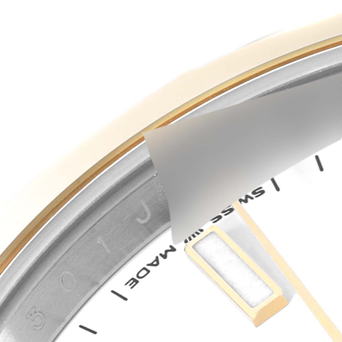 The image shows a close-up of the dial, bezel, and part of the chapter ring of a Rolex Datejust 41 126303 Men's Steel and Gold (two tone) White Dial 126303 Men's Steel and Gold (two tone) White Dial watch.