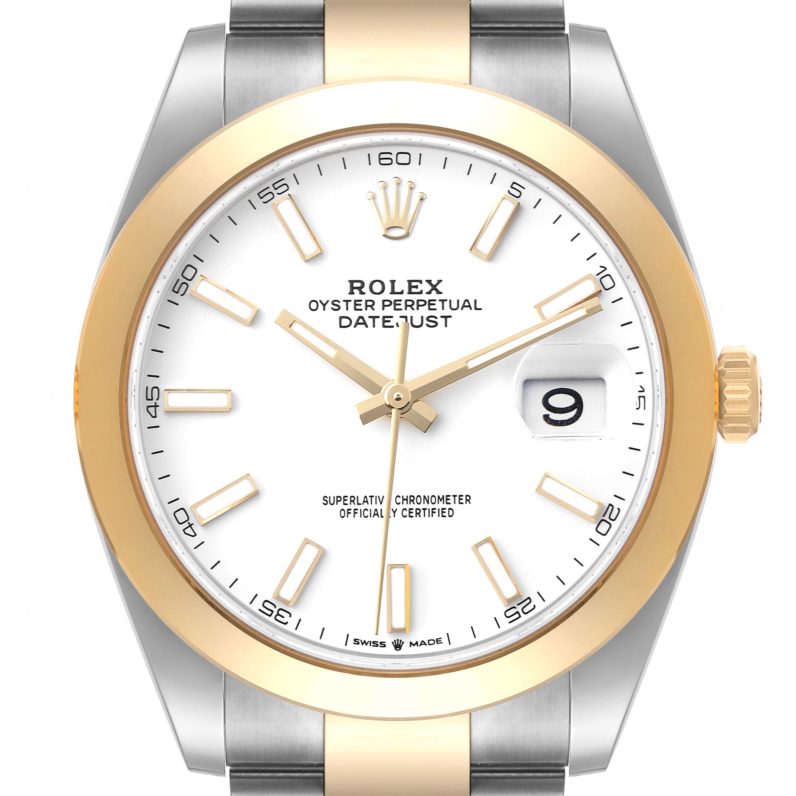 This image shows a front-angle view of the dial, bezel, and part of the bracelet of a Rolex Datejust 41 126303 Men's Steel and Gold (two tone) White Dial 126303 Men's Steel and Gold (two tone) White Dial watch.
