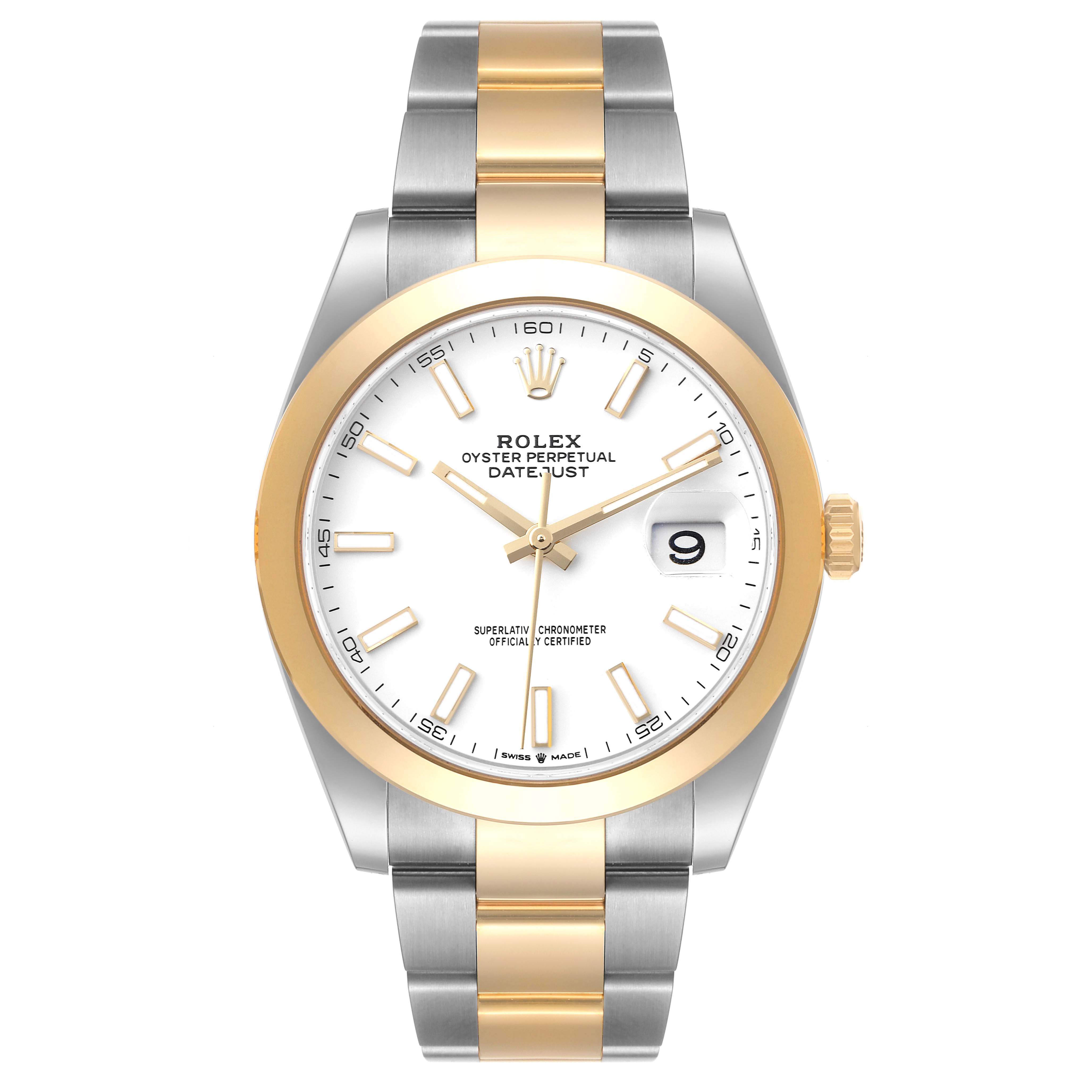 The Rolex Datejust 41 126303 Men's Steel and Gold (two tone) White Dial 126303 Men's Steel and Gold (two tone) White Dial watch is shown from a front angle, featuring a two-tone bracelet, gold bezel, and white dial.