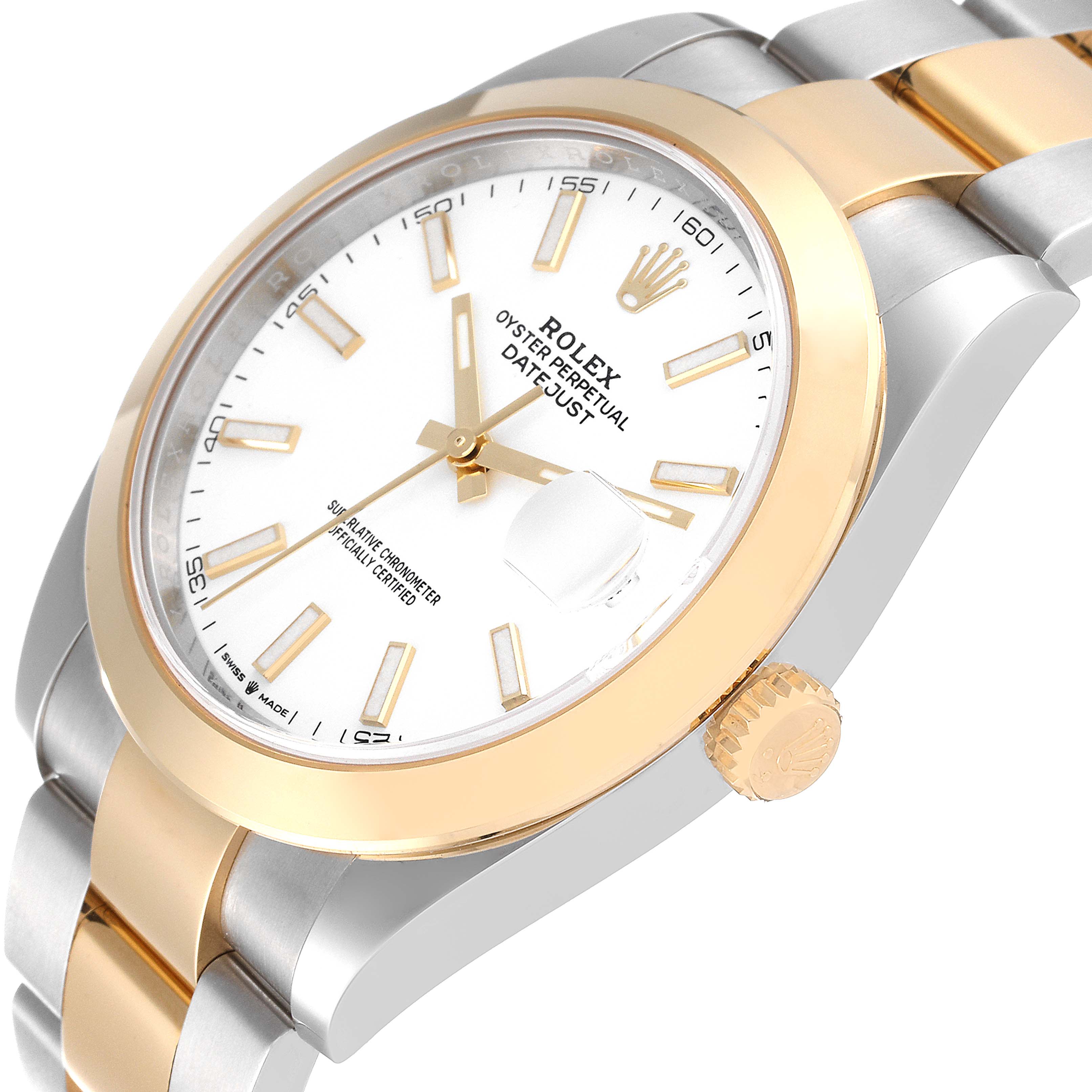 The Rolex Datejust 41 126303 Men's Steel and Gold (two tone) White Dial 126303 Men's Steel and Gold (two tone) White Dial watch is shown from an angled view, highlighting the dial, crown, and part of the bracelet.