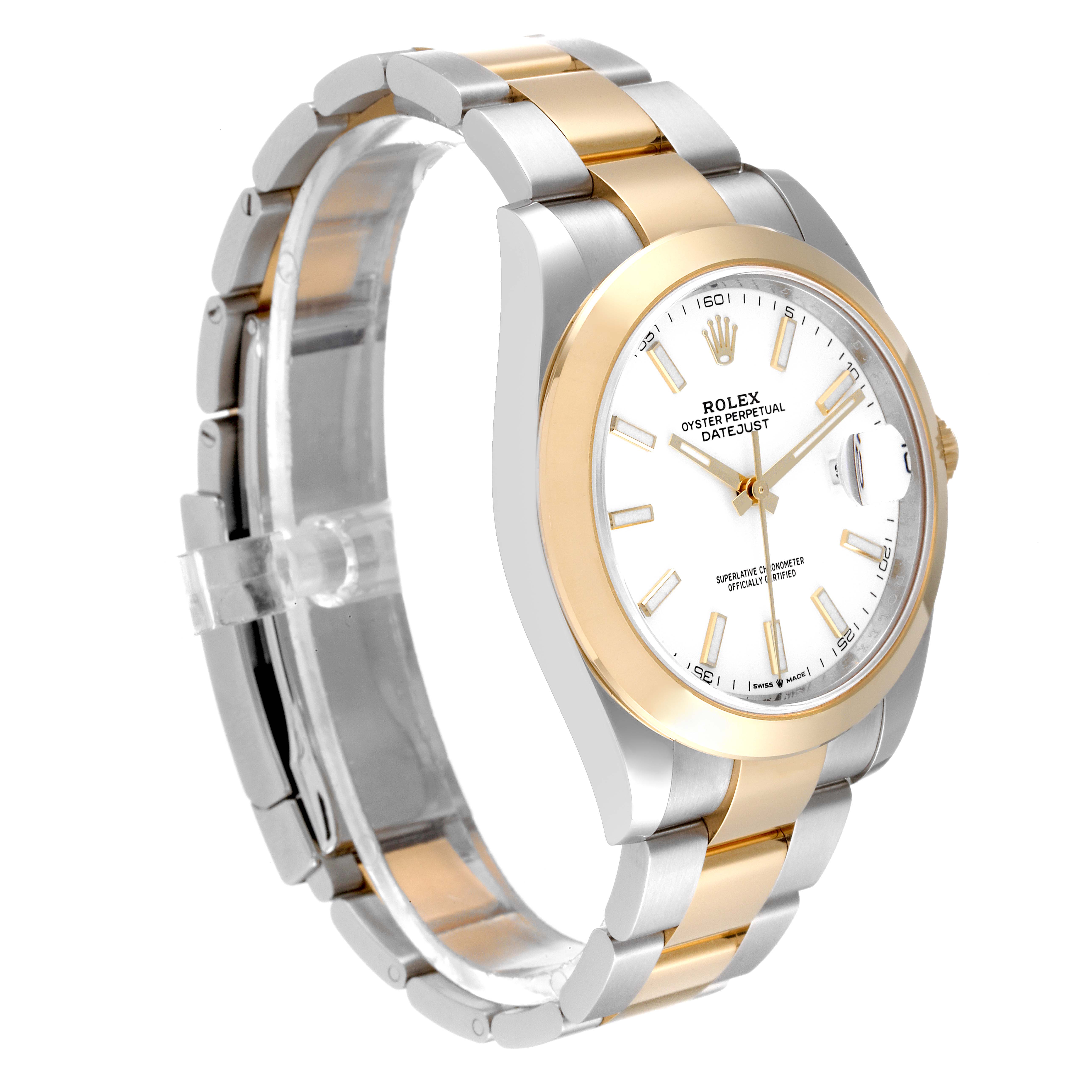 The image shows a Rolex Datejust 41 126303 Men's Steel and Gold (two tone) White Dial 126303 Men's Steel and Gold (two tone) White Dial watch at a three-quarter angle, featuring a two-tone bracelet and a white dial with gold accents.