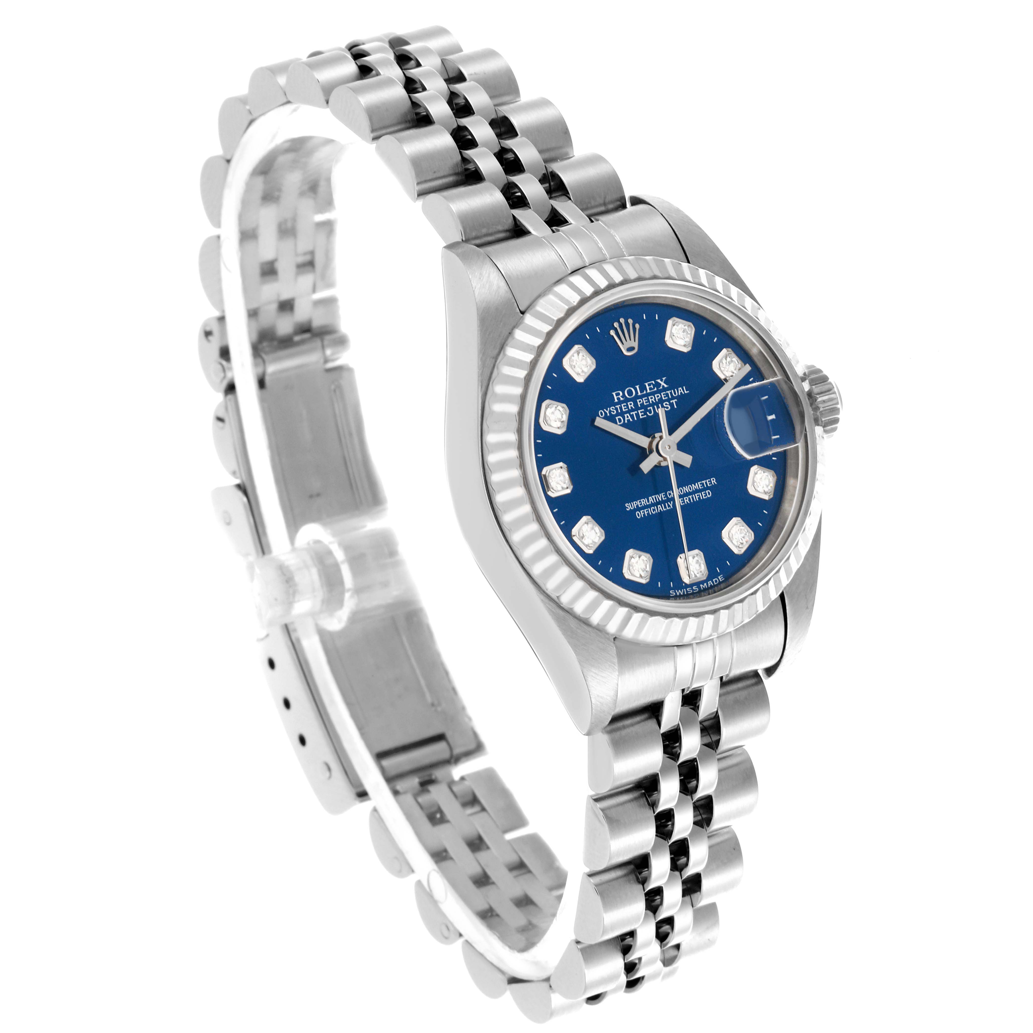 The Rolex Datejust 79174 Women's Stainless Steel Blue Dial 79174 Women's Stainless Steel Blue Dial watch is shown at an angle displaying the face, bezel, and Jubilee bracelet.