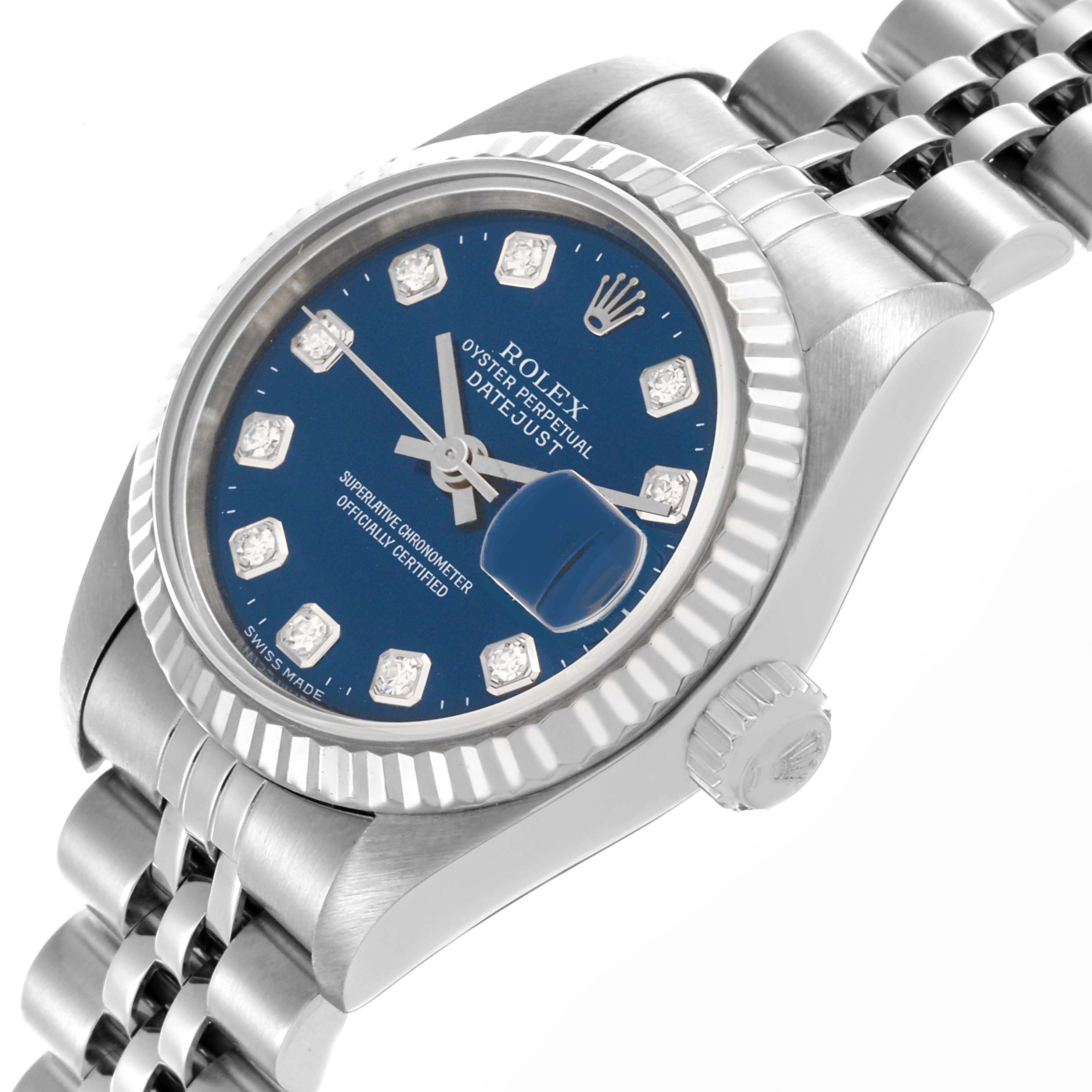 The Rolex Datejust 79174 Women's Stainless Steel Blue Dial 79174 Women's Stainless Steel Blue Dial watch is shown at an angled view, displaying the face, bezel, crown, and part of the bracelet.
