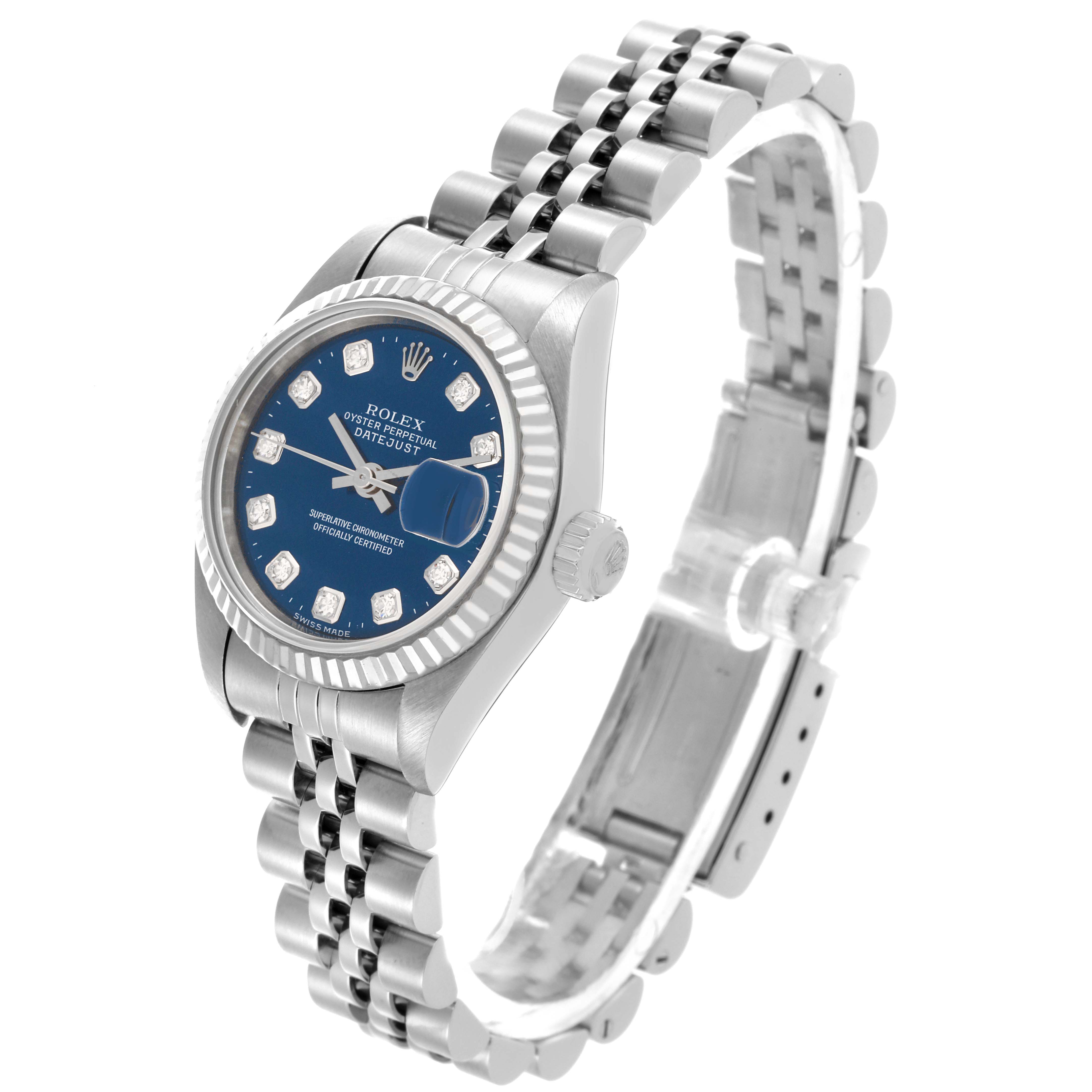 The Rolex Datejust 79174 Women's Stainless Steel Blue Dial 79174 Women's Stainless Steel Blue Dial watch is shown at a three-quarter angle highlighting the face, bezel, crown, and bracelet.