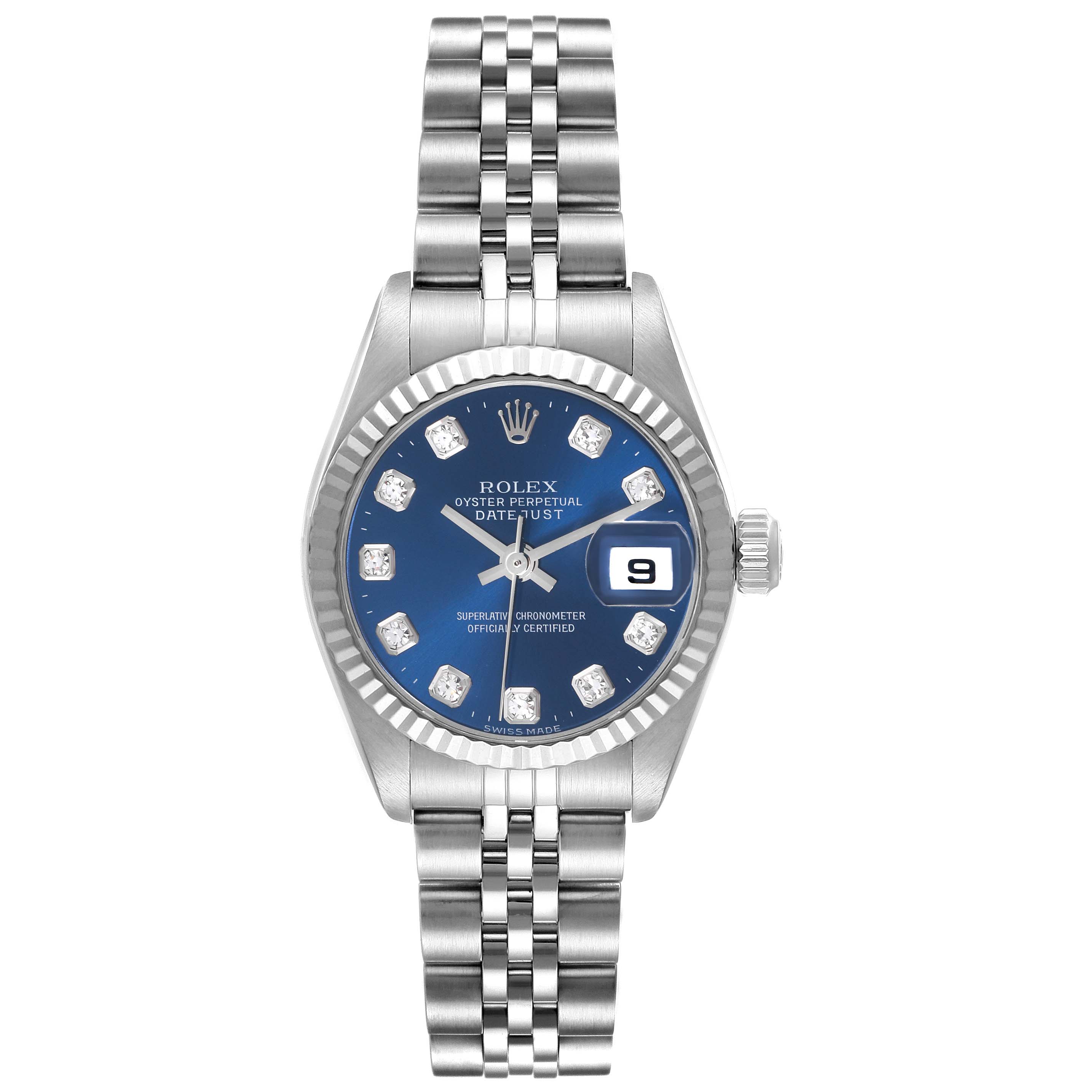 The Rolex Datejust 79174 Women's Stainless Steel Blue Dial 79174 Women's Stainless Steel Blue Dial watch is shown from the front, displaying the face, bezel, crown, and bracelet.