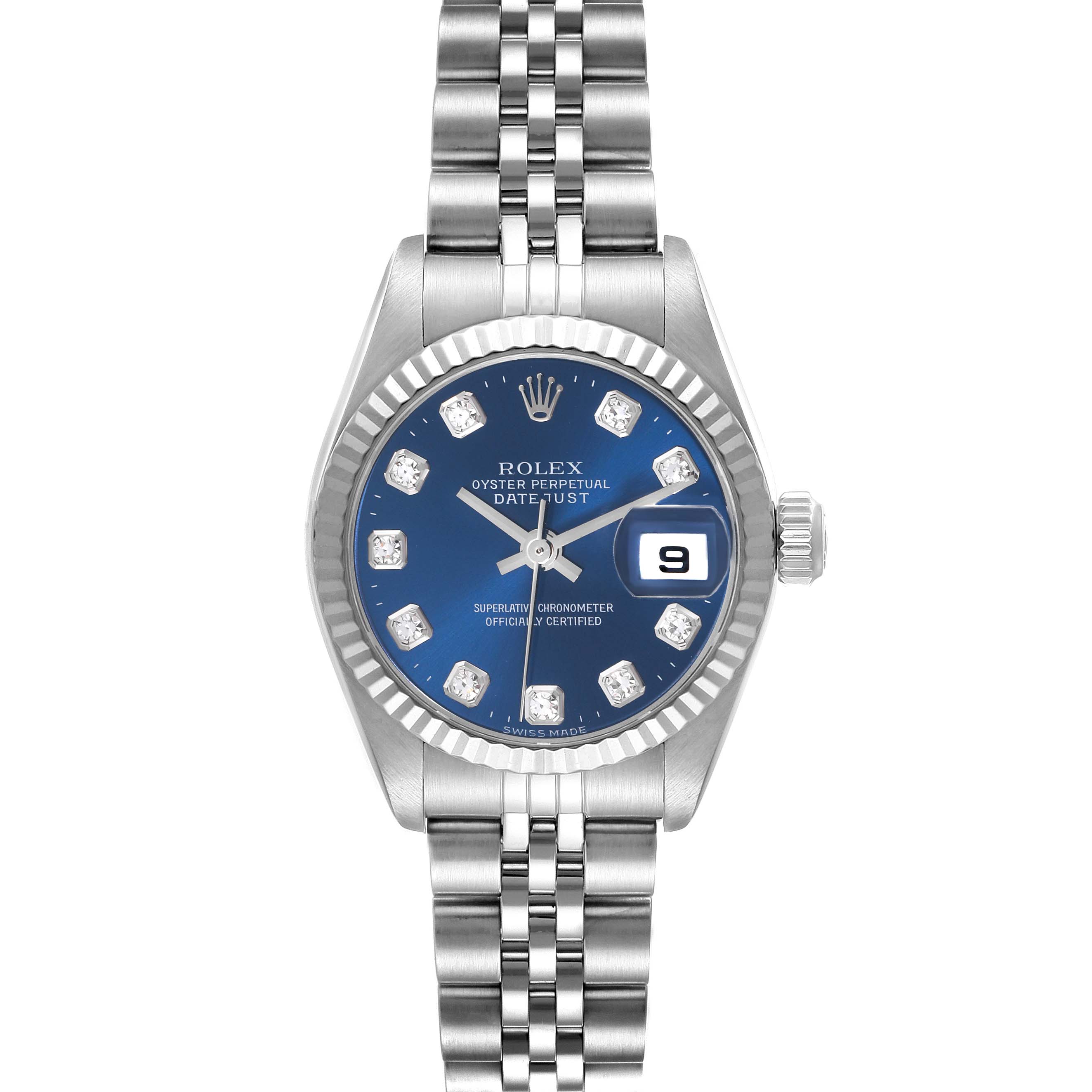 The Rolex Datejust 79174 Women's Stainless Steel Blue Dial 79174 Women's Stainless Steel Blue Dial watch is shown from a top-down angle, highlighting the dial, bezel, and bracelet.