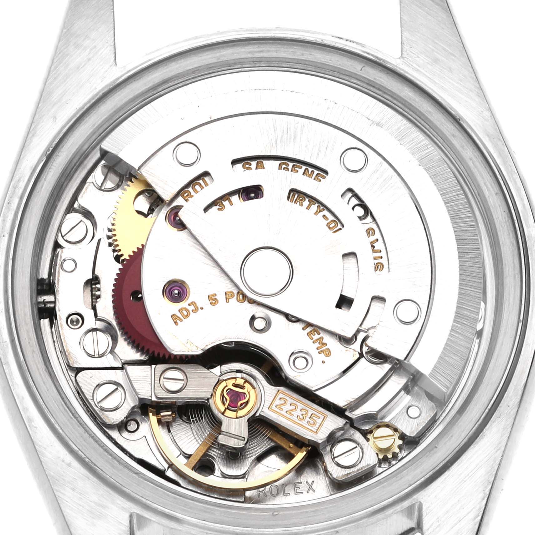 The image shows the movement mechanism of the Rolex Datejust 79174 Women's Stainless Steel Blue Dial 79174 Women's Stainless Steel Blue Dial watch from the back.