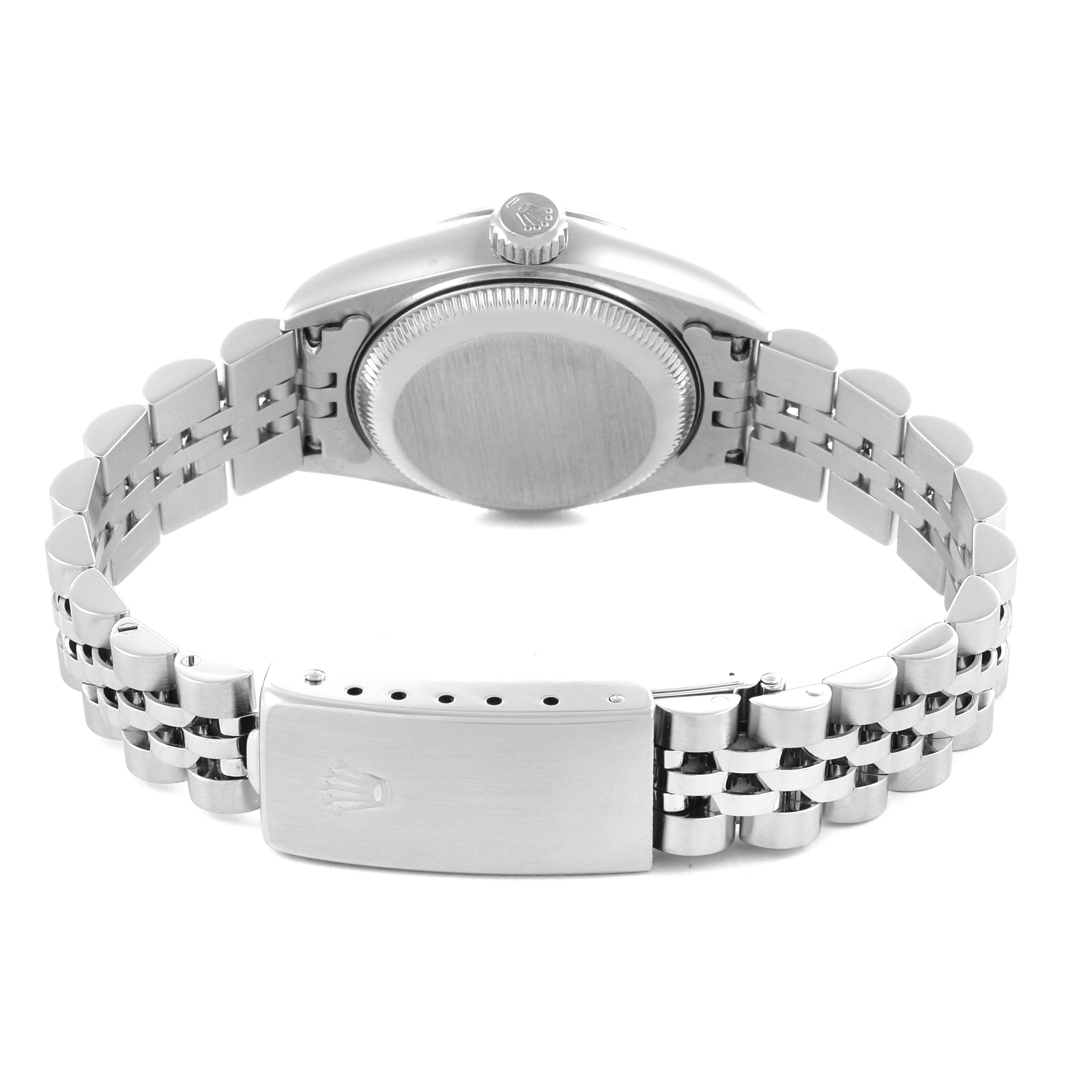 The image shows the back and bracelet of a Rolex Datejust 79174 Women's Stainless Steel Blue Dial 79174 Women's Stainless Steel Blue Dial, highlighting the clasp and case back from a rear angle.