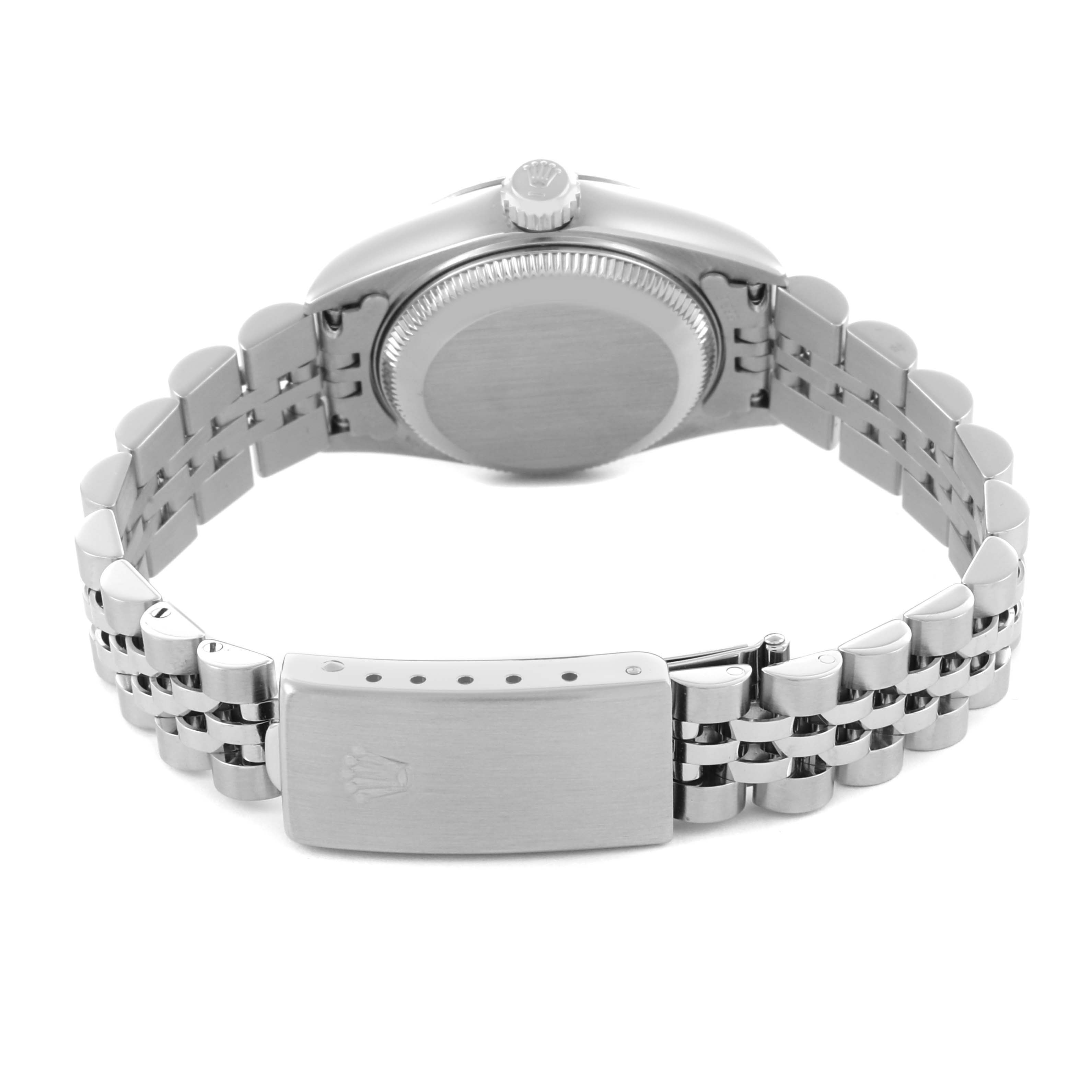 The image shows the back of a Rolex Datejust 79174 Women's Steel and Gold (two tone) Blue Dial 79174 Women's Steel and Gold (two tone) Blue Dial watch, highlighting the case back and bracelet clasp.