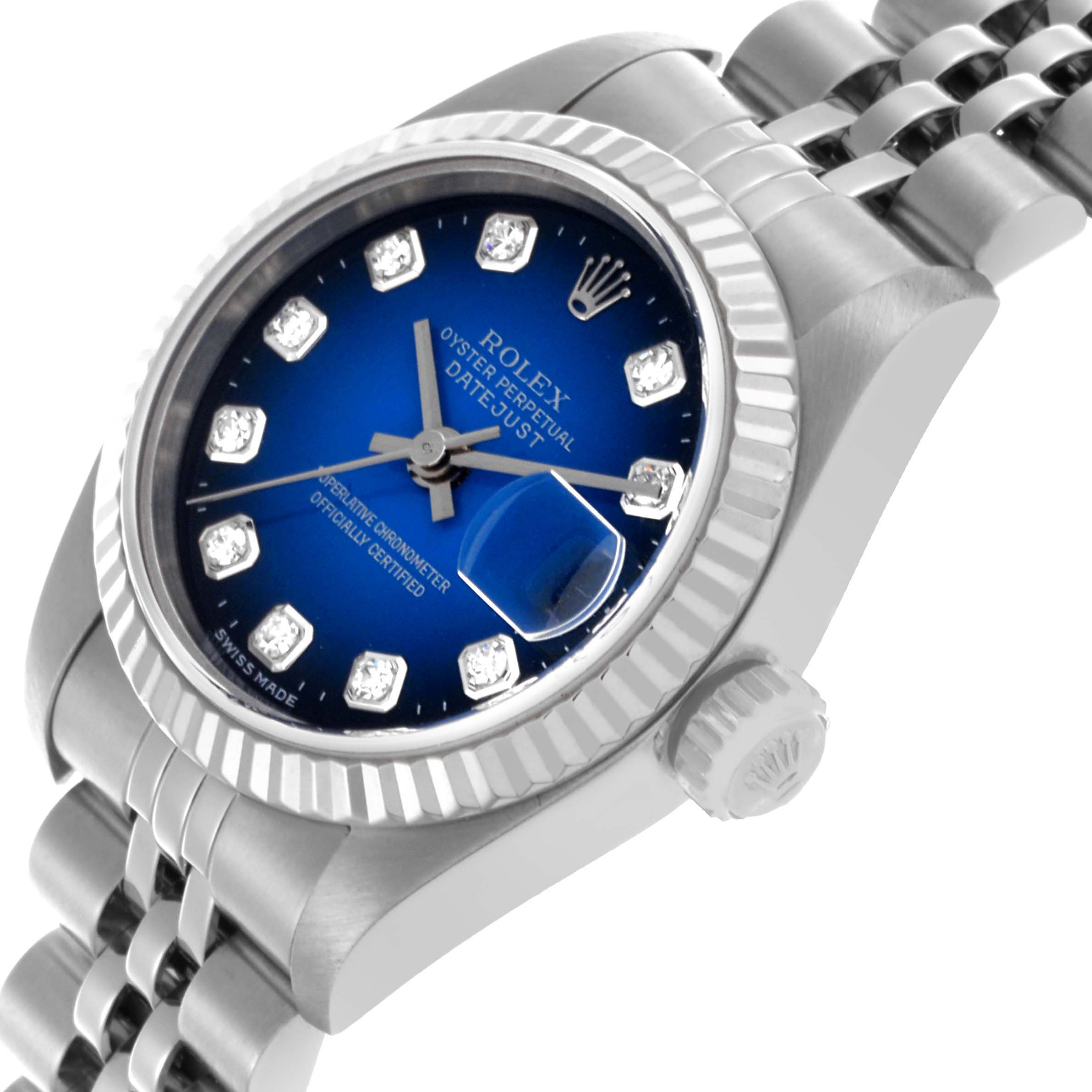 The image shows a Rolex Datejust 79174 Women's Steel and Gold (two tone) Blue Dial 79174 Women's Steel and Gold (two tone) Blue Dial watch angled from the top-left, highlighting its dial, bezel, crown, and bracelet.