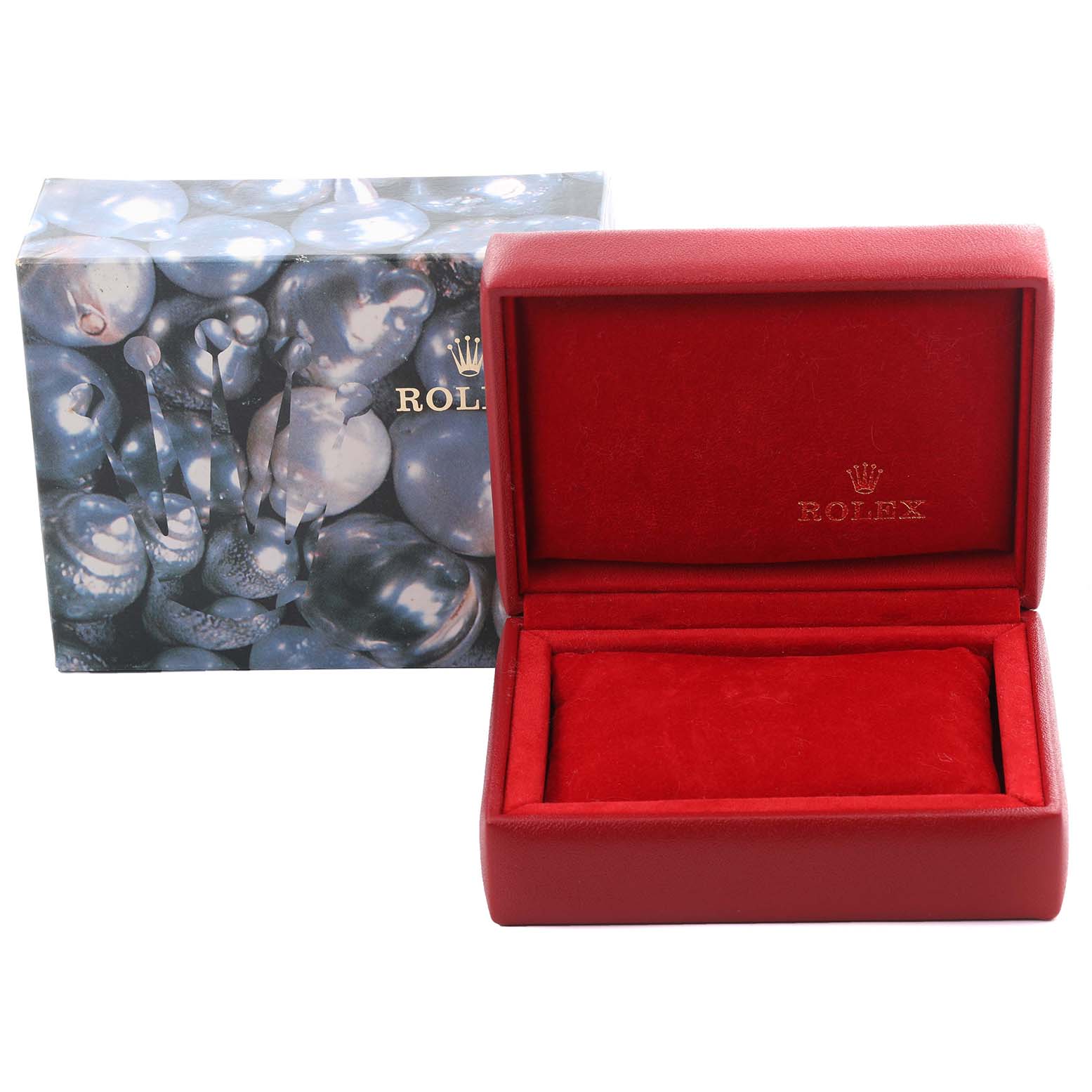 The image shows a red Rolex box for the Datejust model, alongside a decorative outer box.