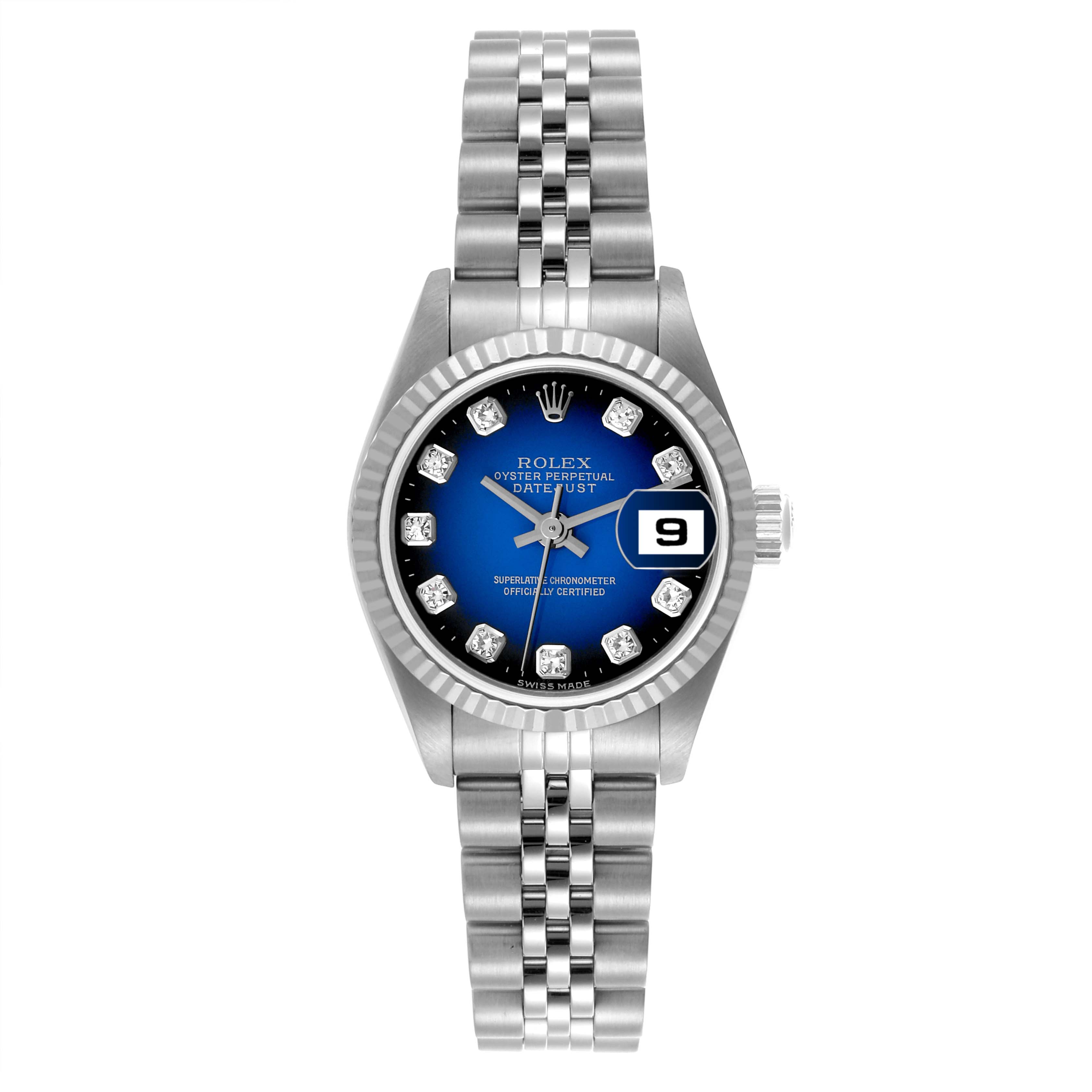 The Rolex Datejust 79174 Women's Steel and Gold (two tone) Blue Dial 79174 Women's Steel and Gold (two tone) Blue Dial watch is shown from a front angle, highlighting the face, bezel, crown, and bracelet.