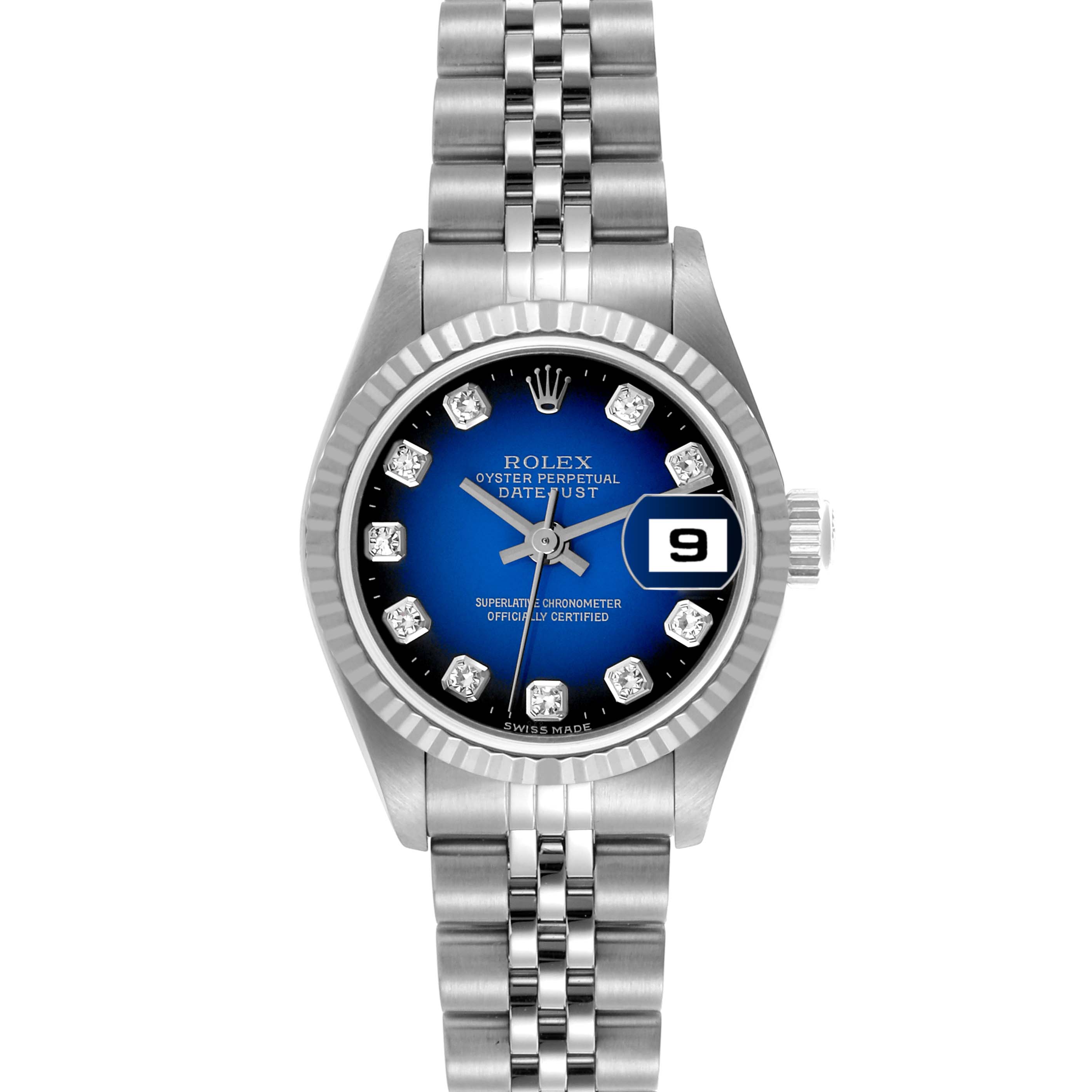 The Rolex Datejust 79174 Women's Steel and Gold (two tone) Blue Dial 79174 Women's Steel and Gold (two tone) Blue Dial watch is shown front-facing, displaying the dial, bezel, and bracelet.